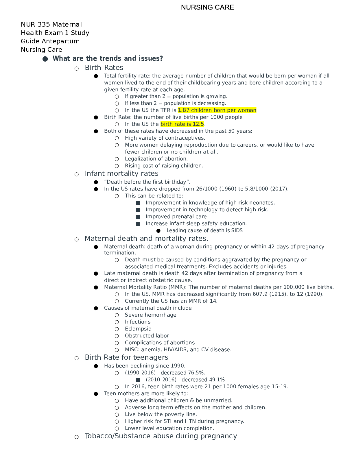 Preview image for NUR 335 Maternal Health Exam 1 Study Guide Antepartum Nursing Care