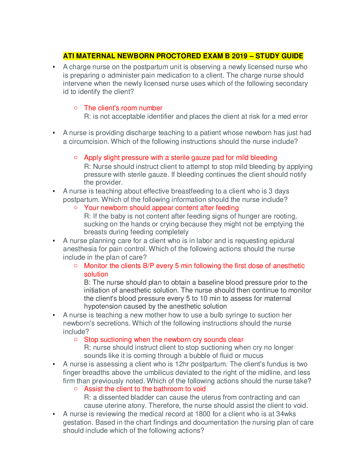 Preview of ATI MATERNAL NEWBORN PROCTORED EXAM B 2019 – STUDY GUIDE / Correct,Rationaled Questions wi