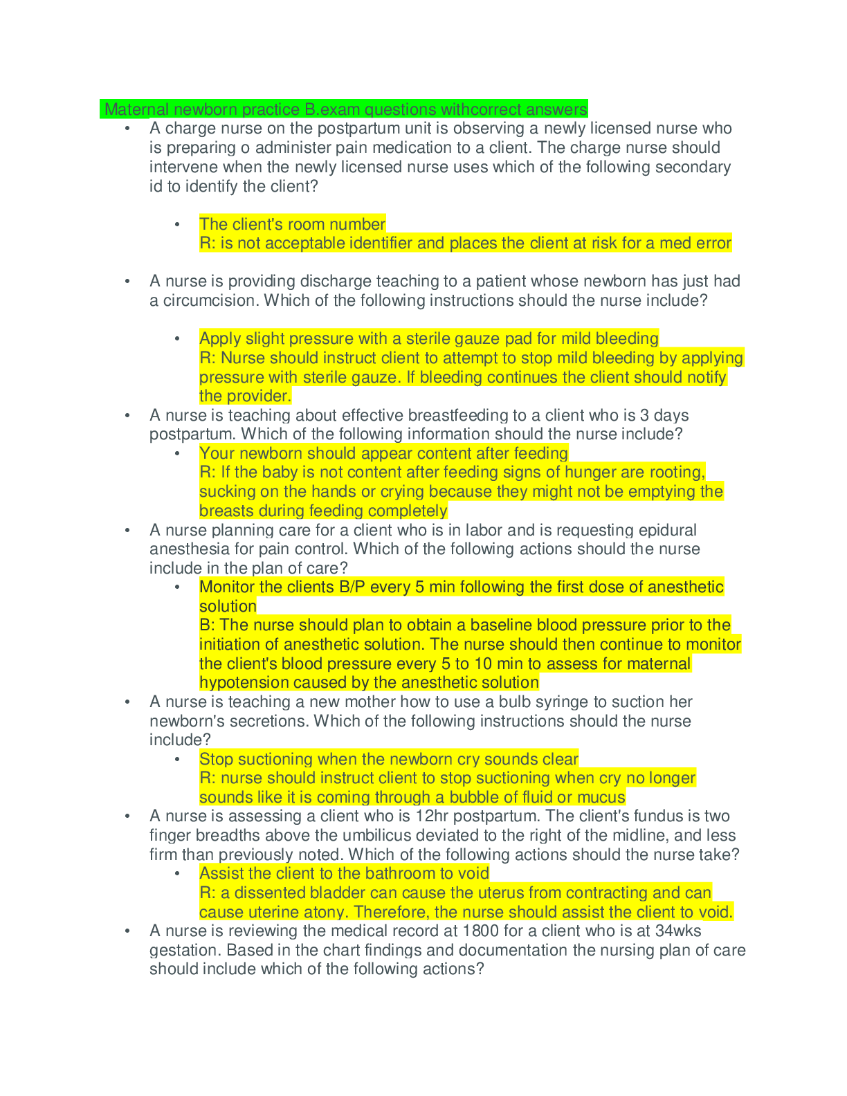 Preview image for Maternal newborn practice B.exam questions withcorrect answers 2021