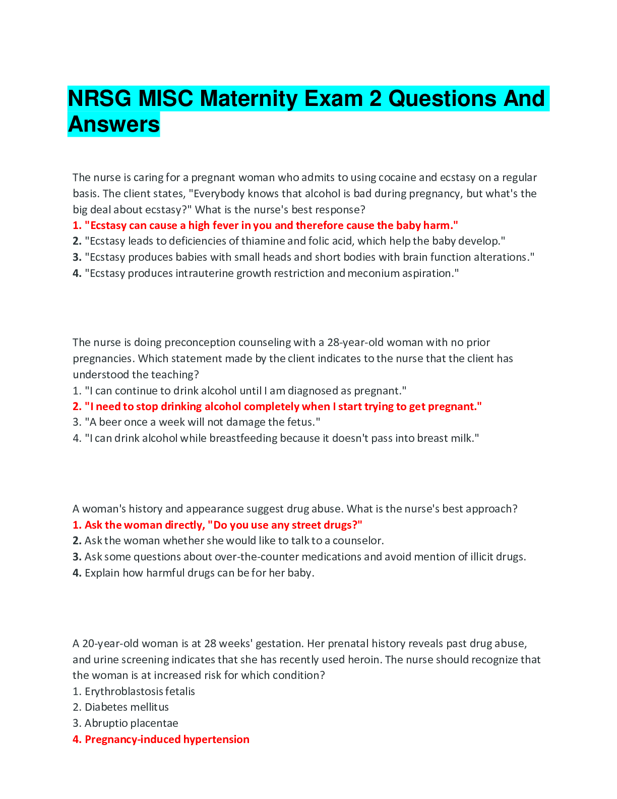 Preview image for MATERNITY EXAM 2 TEST BANK QUESTIONS WITH CORRECT AND VERIFIED ANSWERS (2019)