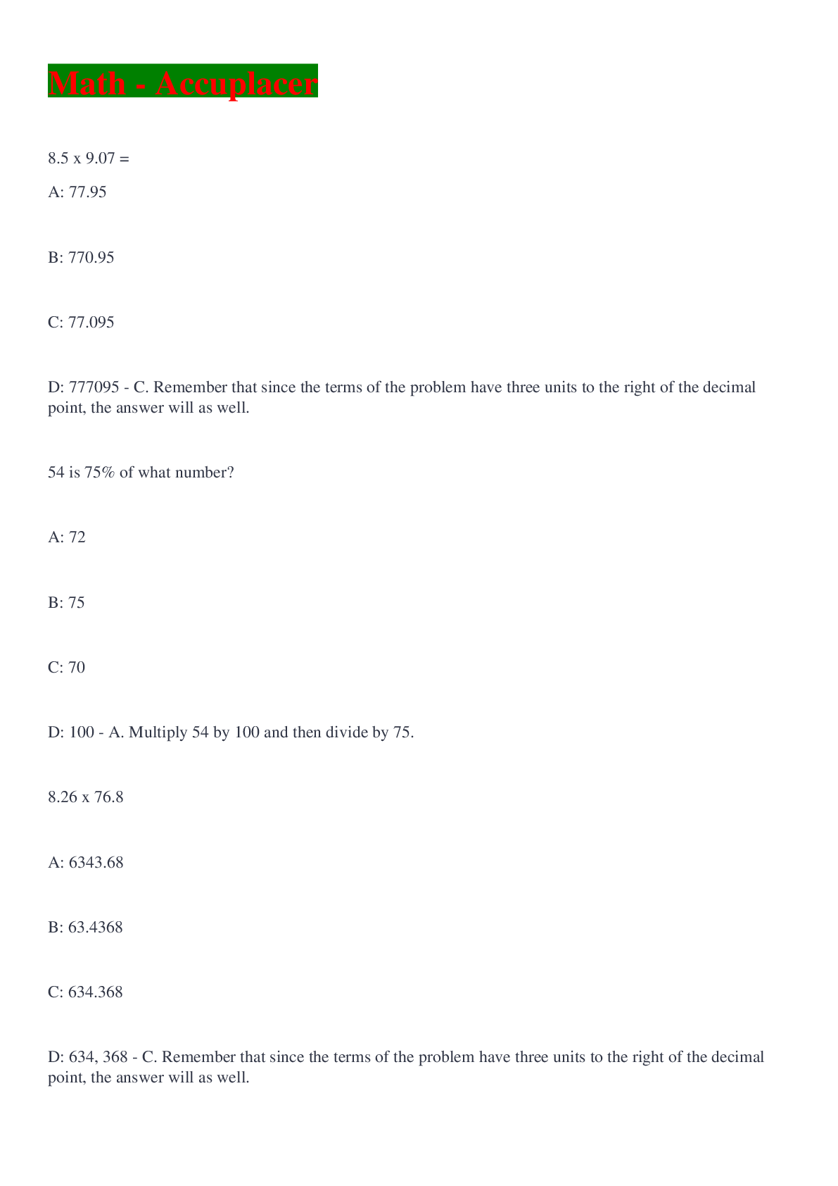 Preview image for Math - Accuplacer questions well solved 2022
