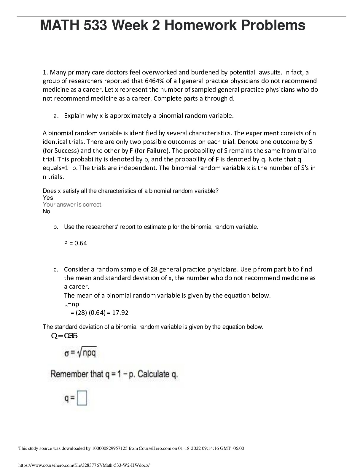 Preview of MATH 533 Week 2 Homework Problems (GRADED A+) Questions and Answer solutions | 100% Verifi