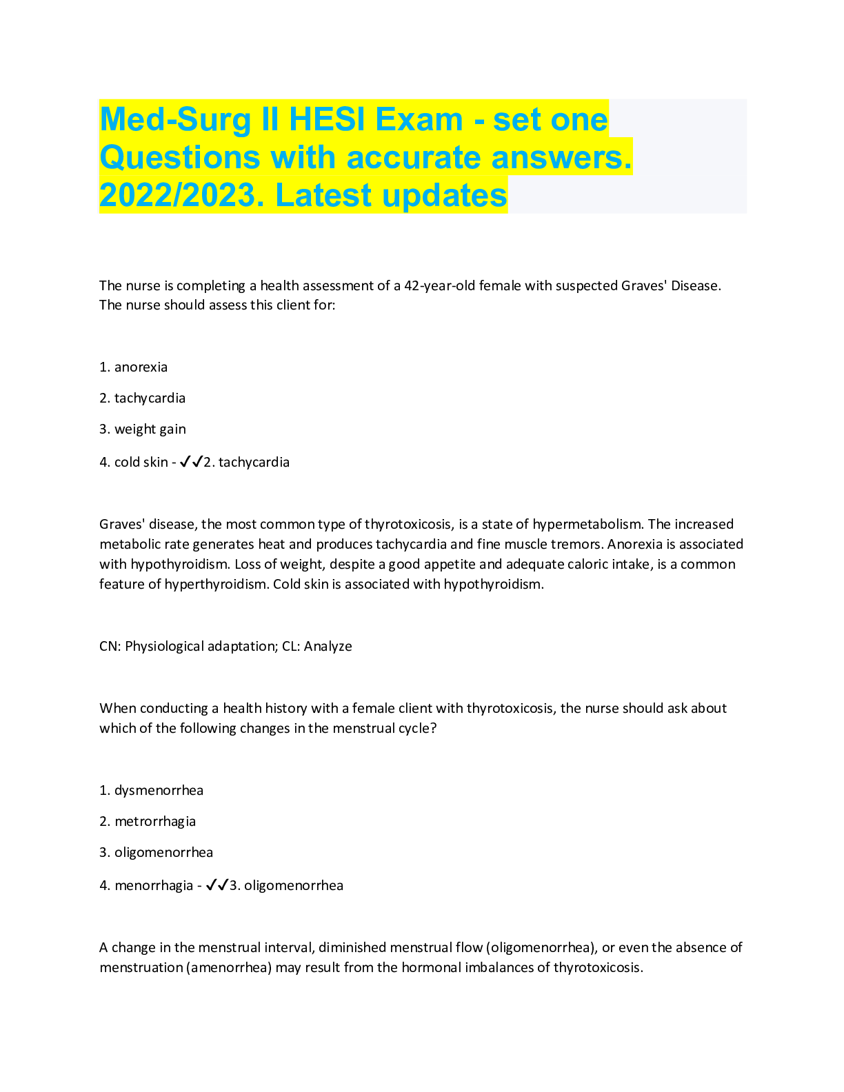 Preview image for Med-Surg II HESI Exam - set one Questions with accurate answers. 2022/2023. Latest updates