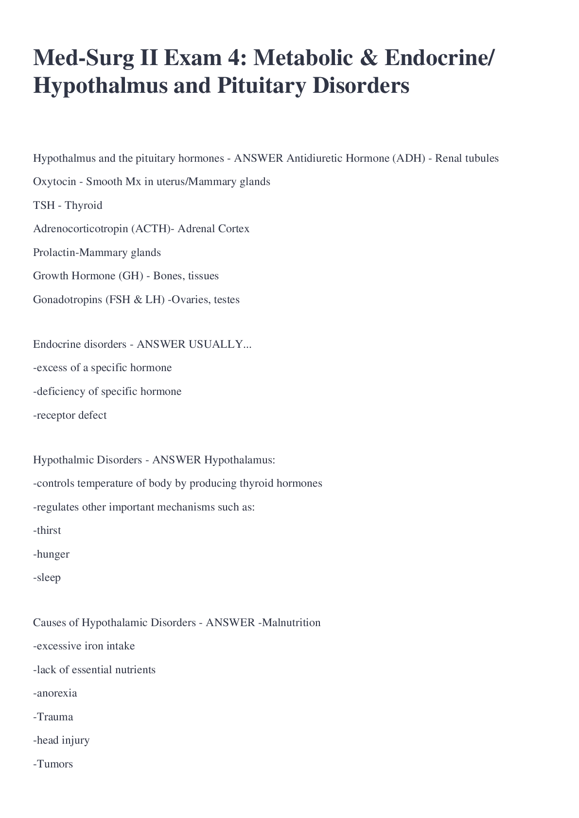 Preview image for Med-Surg II Exam 4: Metabolic & Endocrine/Hypothalmus and Pituitary Disorders