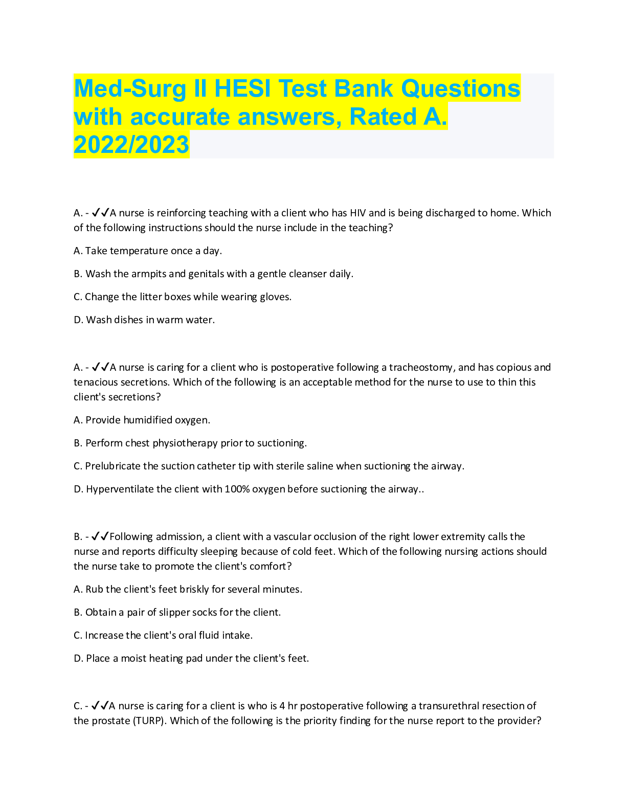 Preview image for Med-Surg II HESI Test Bank Questions with accurate answers, Rated A. 2022/2023