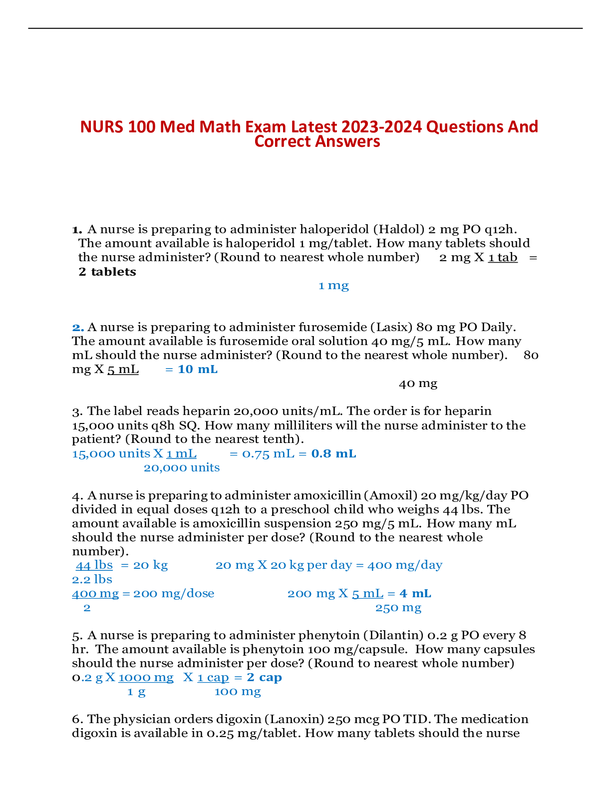 Preview image for NURS 100 Med Math Exam Latest 2023-2024 Questions And Correct Answers