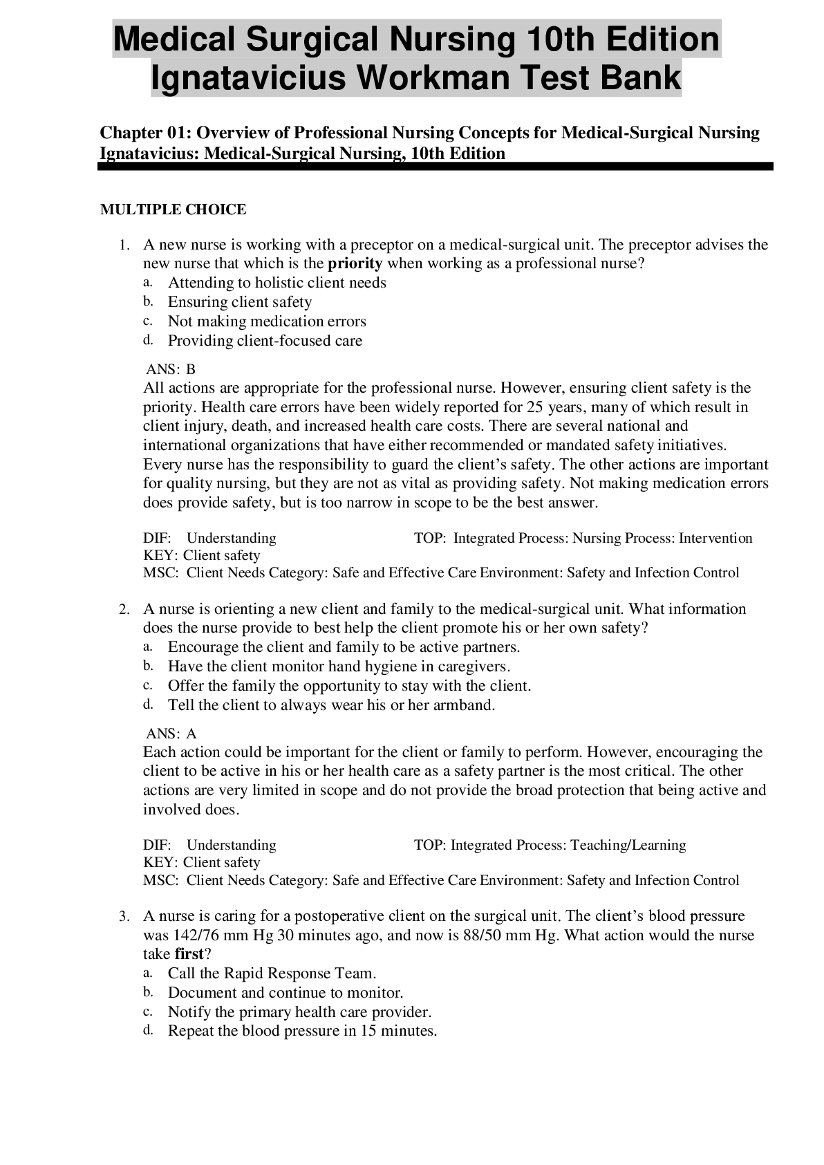 Preview image for Medical Surgical Nursing 10th Edition Ignatavicius Workman Test Bank all chapters with answers