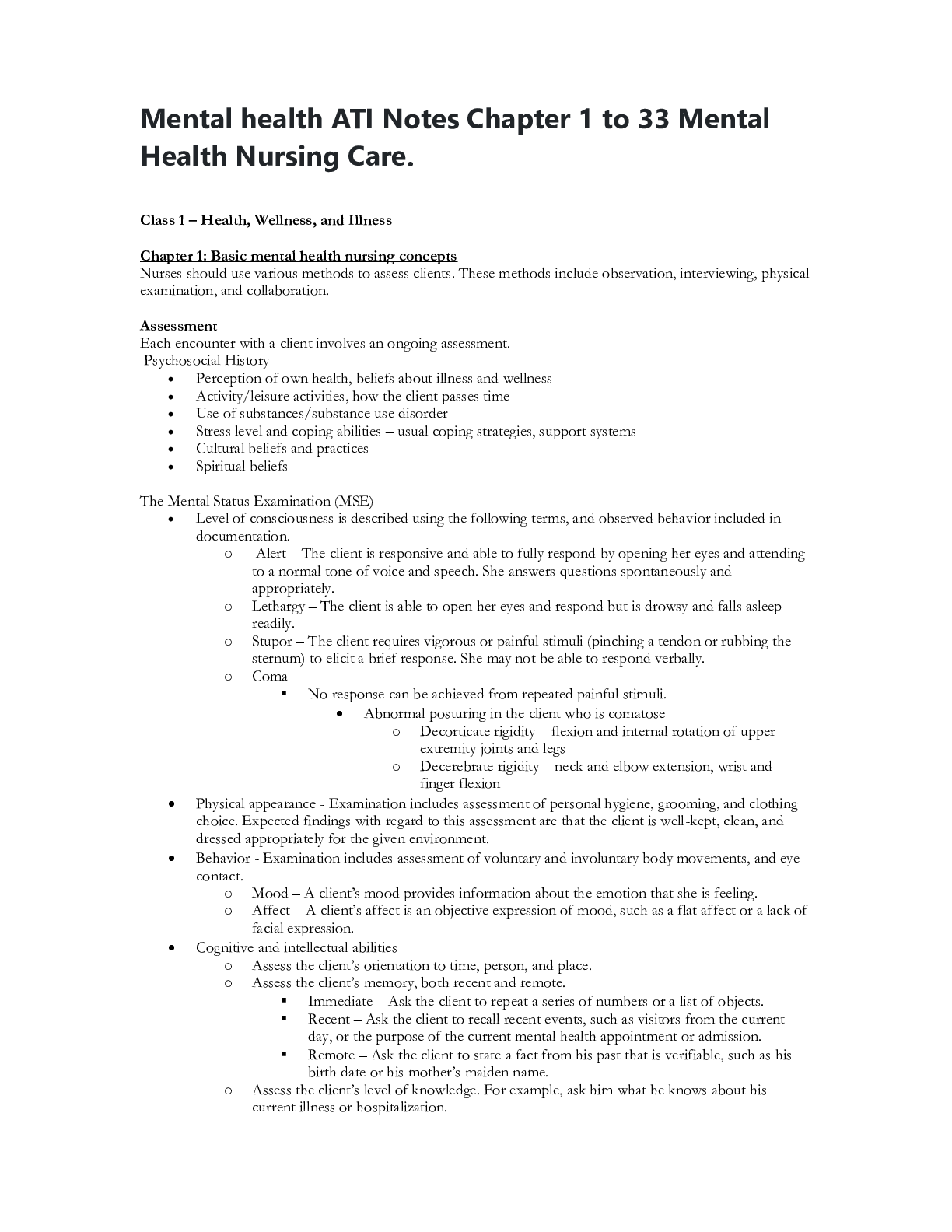 Preview image for Mental health ATI Notes Chapter 1 to 33 Mental Health Nursing Care GRADED A