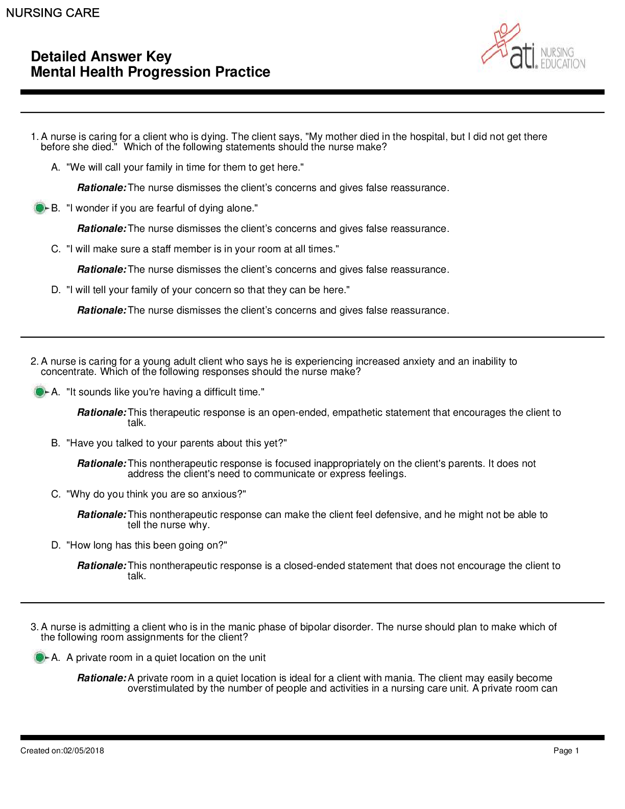 Preview image for Mental Health Progression Practice Test- Answer Key