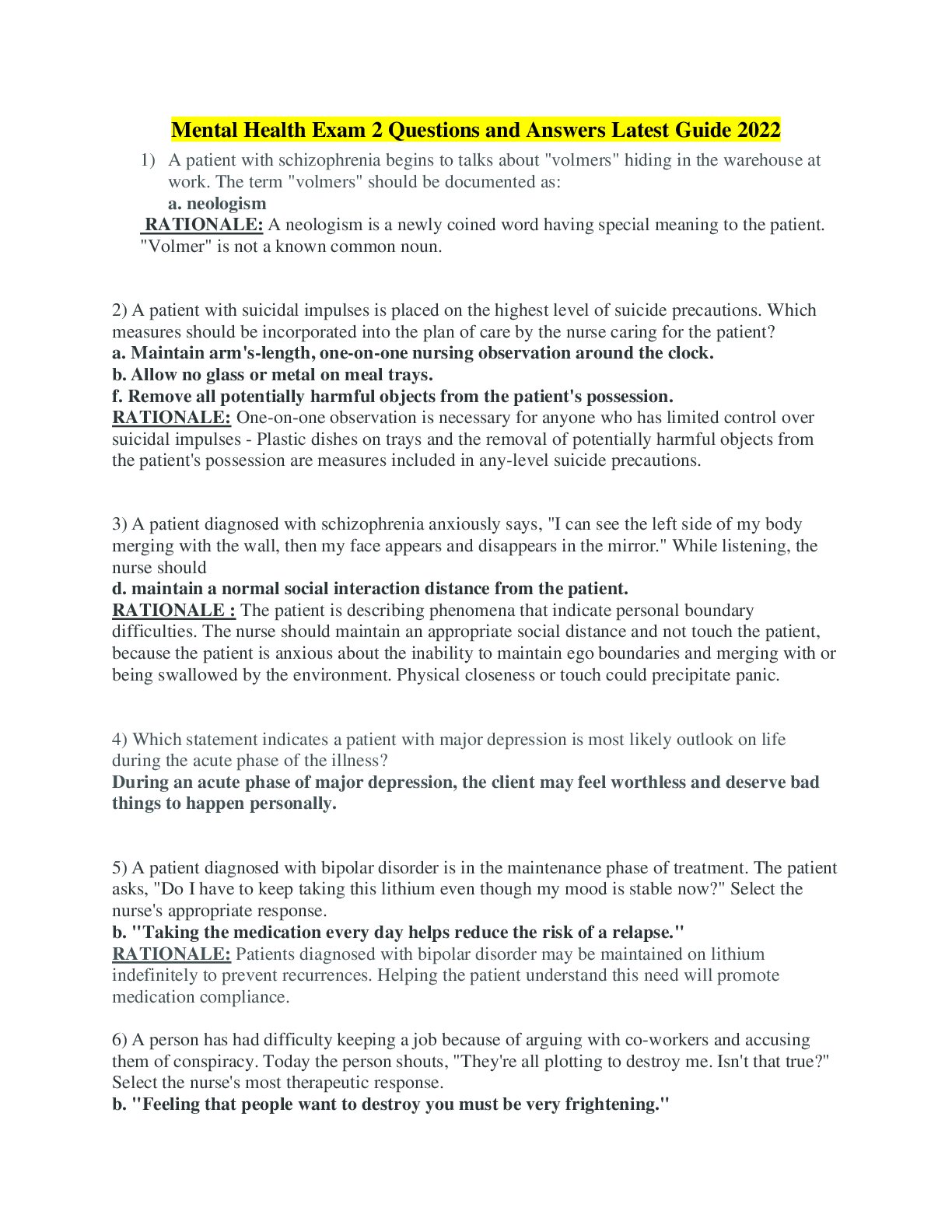 Preview image for Rasmussen: Mental Health Exam 2 Latest Version 2022/2023 Guide