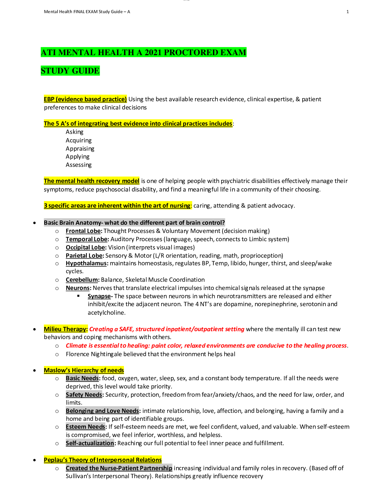 Preview of ATI MENTAL HEALTH A 2021 PROCTORED EXAM STUDY GUIDE
