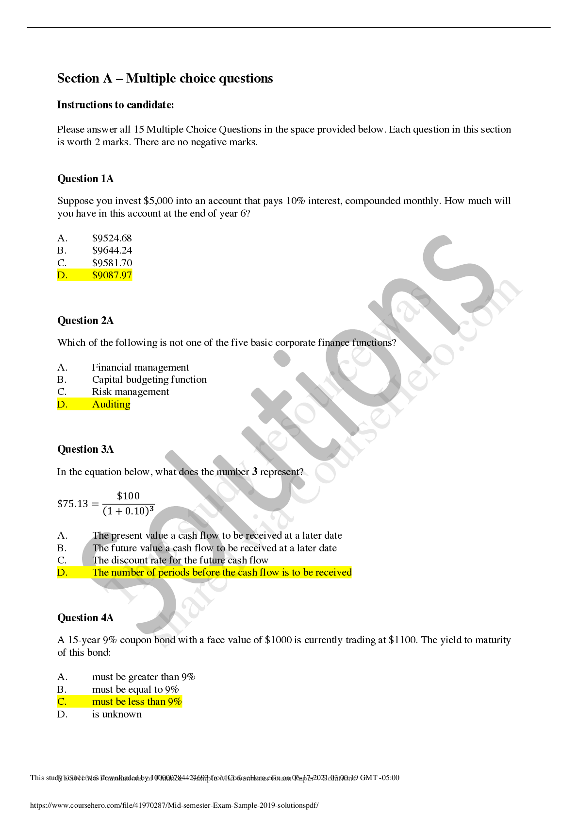 Preview image for BUSN 1015 Mid-semester Exam - Sample_2019_solutions.QUESTIONS WITH VERIFIED ANSWERS.DRADED A+