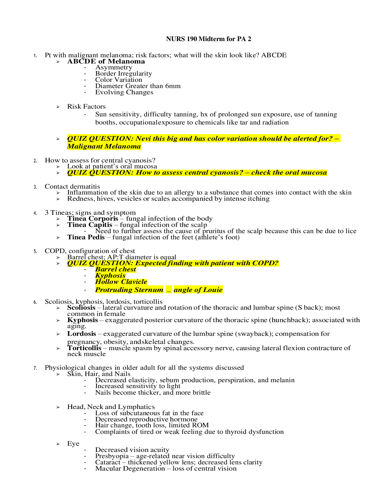 Preview of NURS 190 Midterm for PA 2
