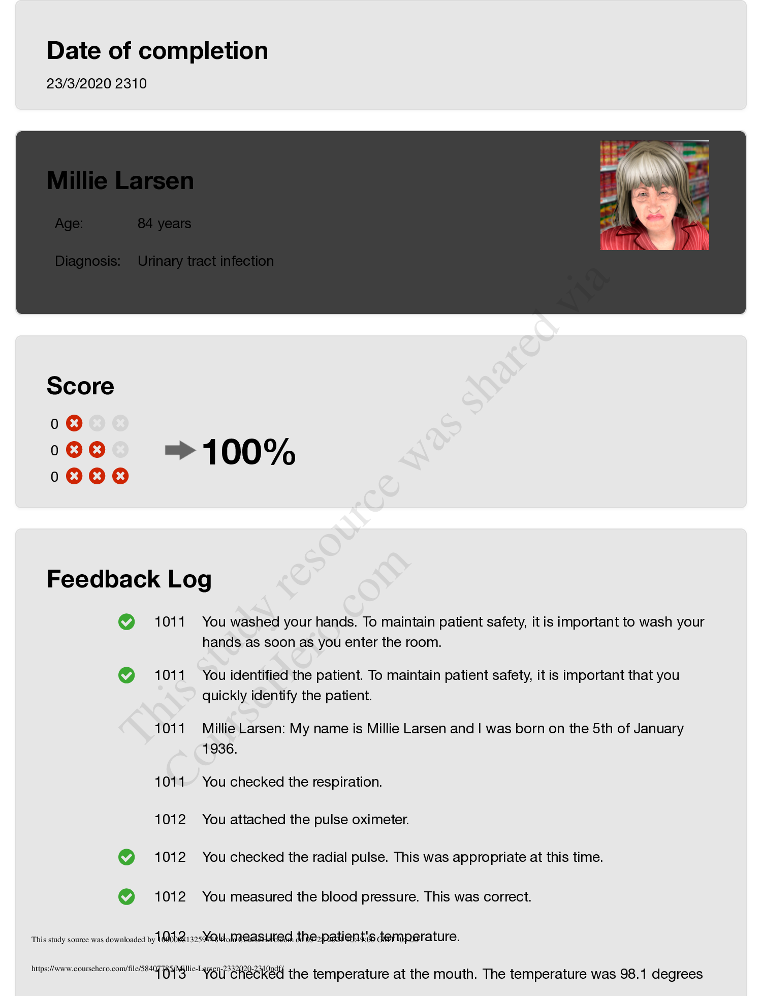 Preview image for Millie Larsen Age: 84 years Diagnosis: Urinary tract infection_complete feedback log (score;100%)