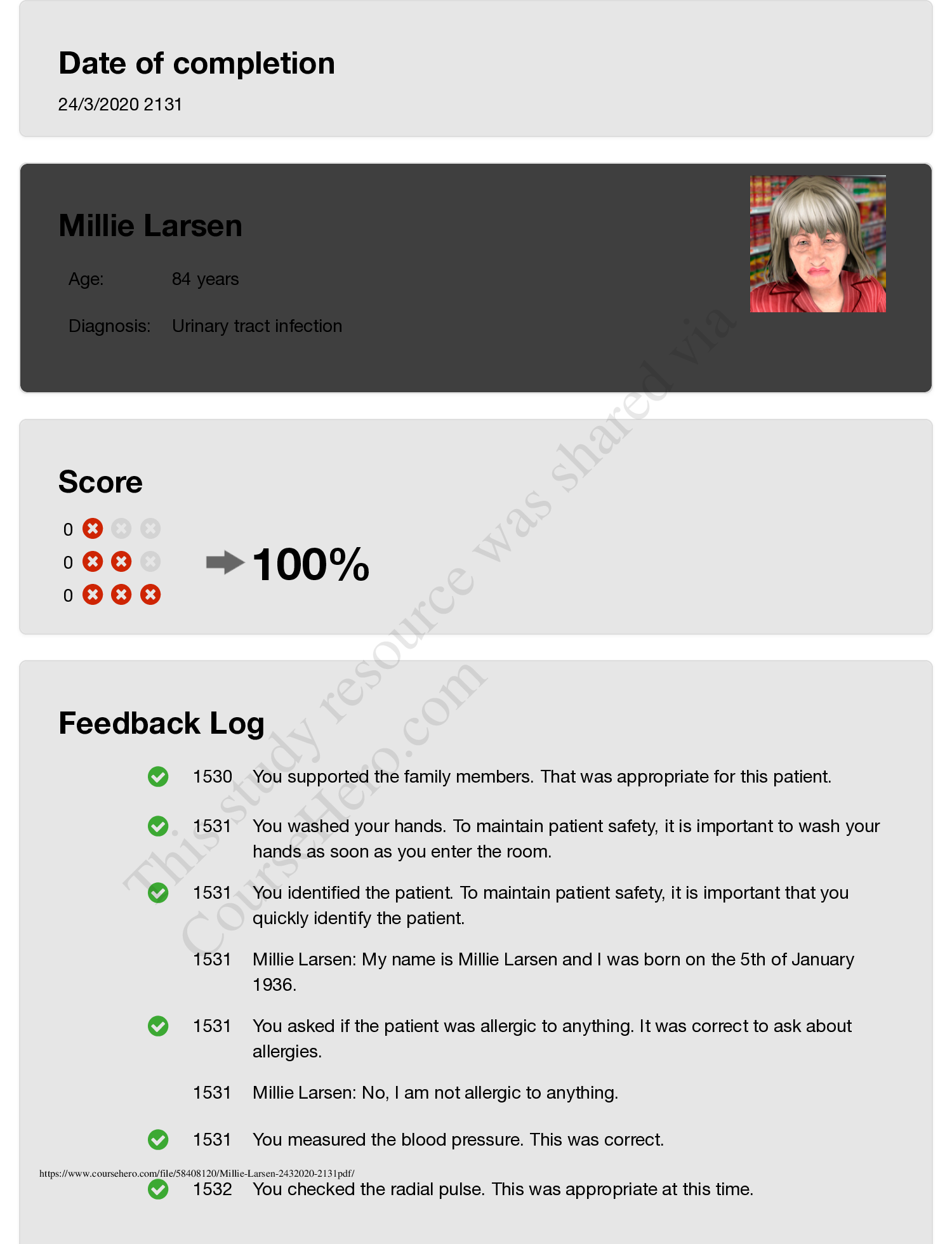 Preview image for vSim for Nursing | Gerontology.NURSING MISC Millie Larsen/ Millie Larsen Age: 84 years Diagnosis: Urinary tract infection. Feedback Log. Scored 100%.