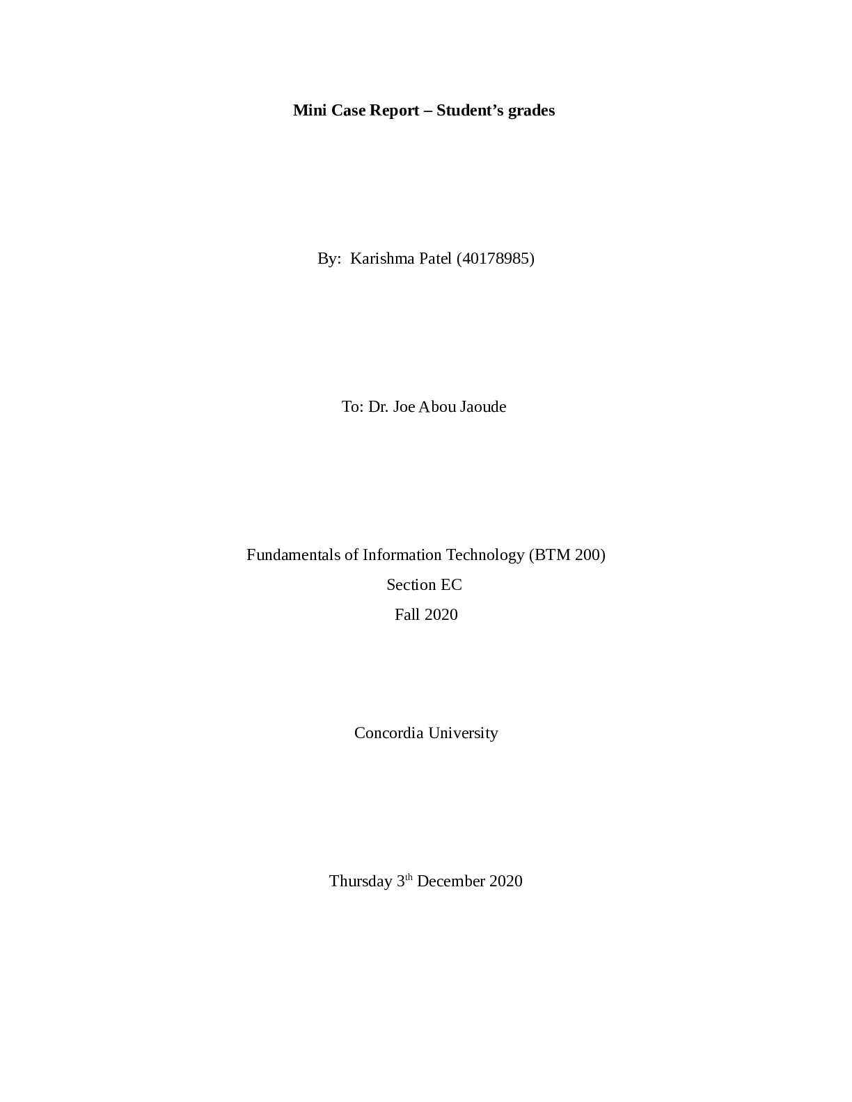 Preview image for Mini case Assignment -  Concordia University ECON 203