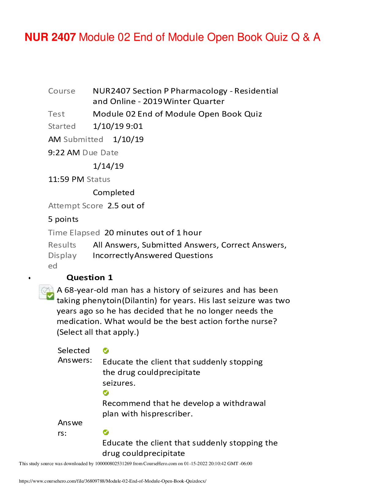 Preview image for NUR 2407Module 02 End of Module Open Book Quiz.