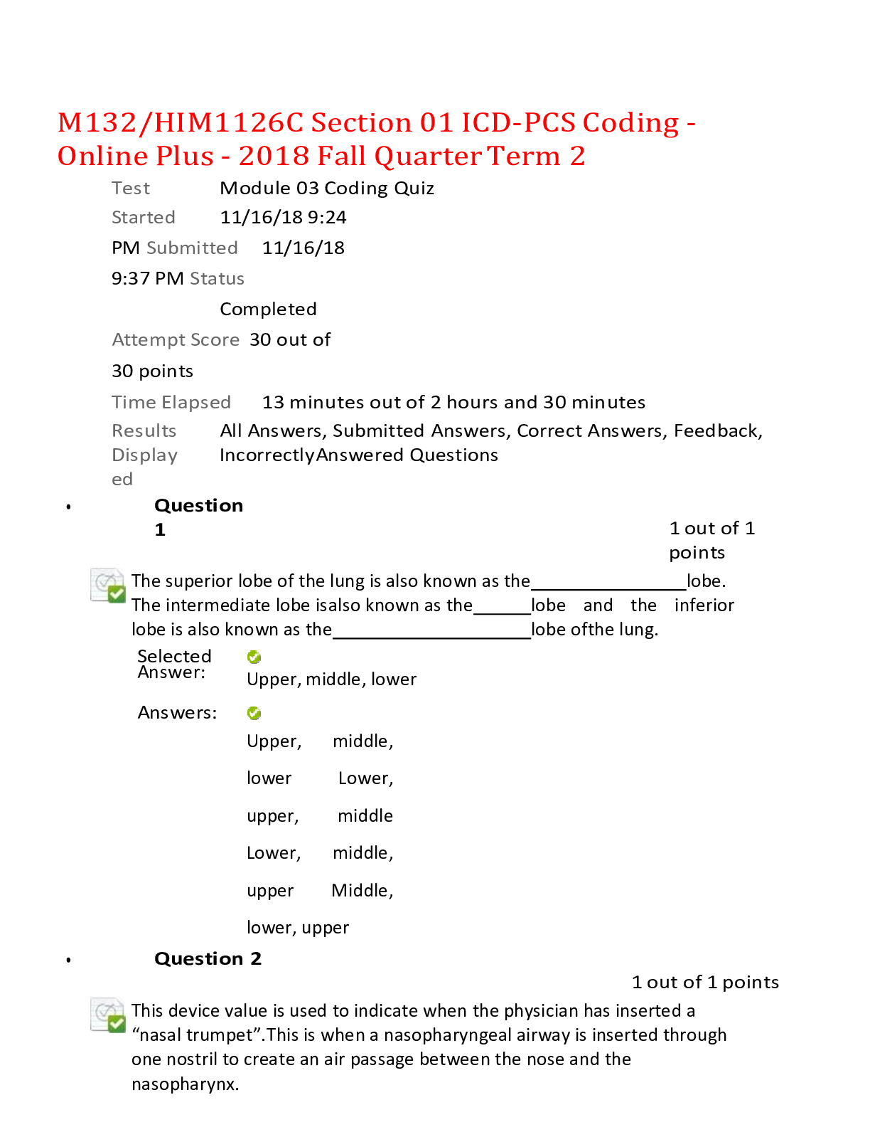 Preview of M132/HIM1126C Section 01 ICD-PCS Coding - Online Plus - 2018 Fall Quarter Term 2,100% CORR