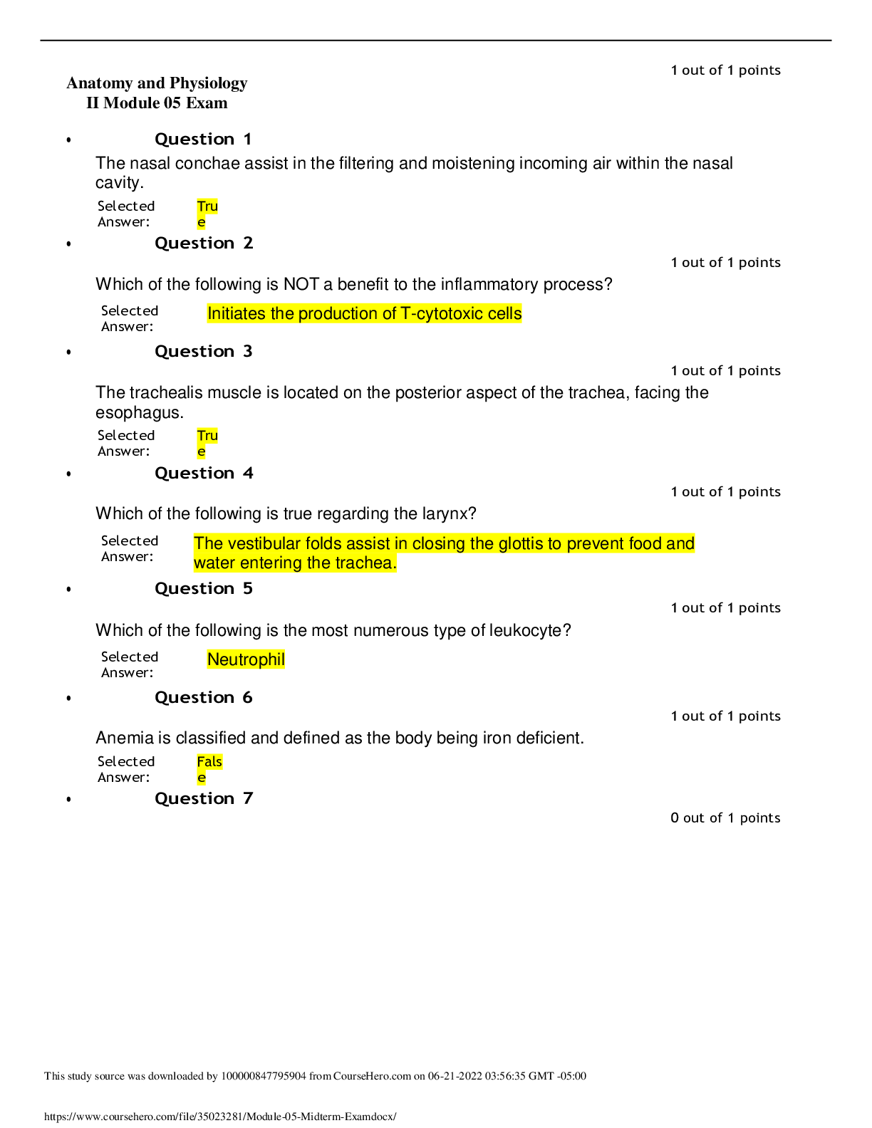 Preview of Anatomy and Physiology BSC 2347Module 05 Midterm Exam./ Score A+