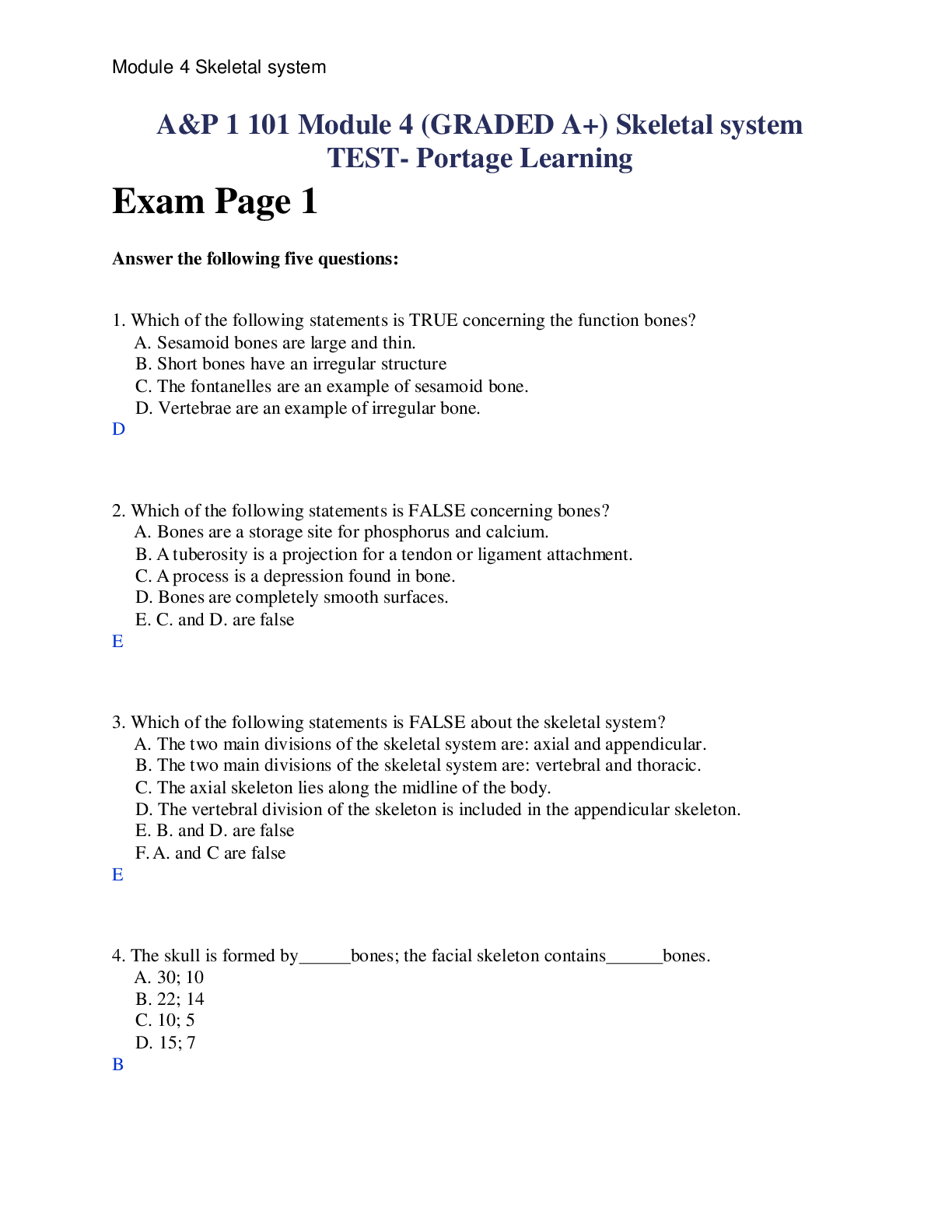 Preview of A&P 1 101 Module 4 Skeletal system TEST. 100% CORRECT STUDY GUIDE SOLUTION. DOWNLOAD TO SC