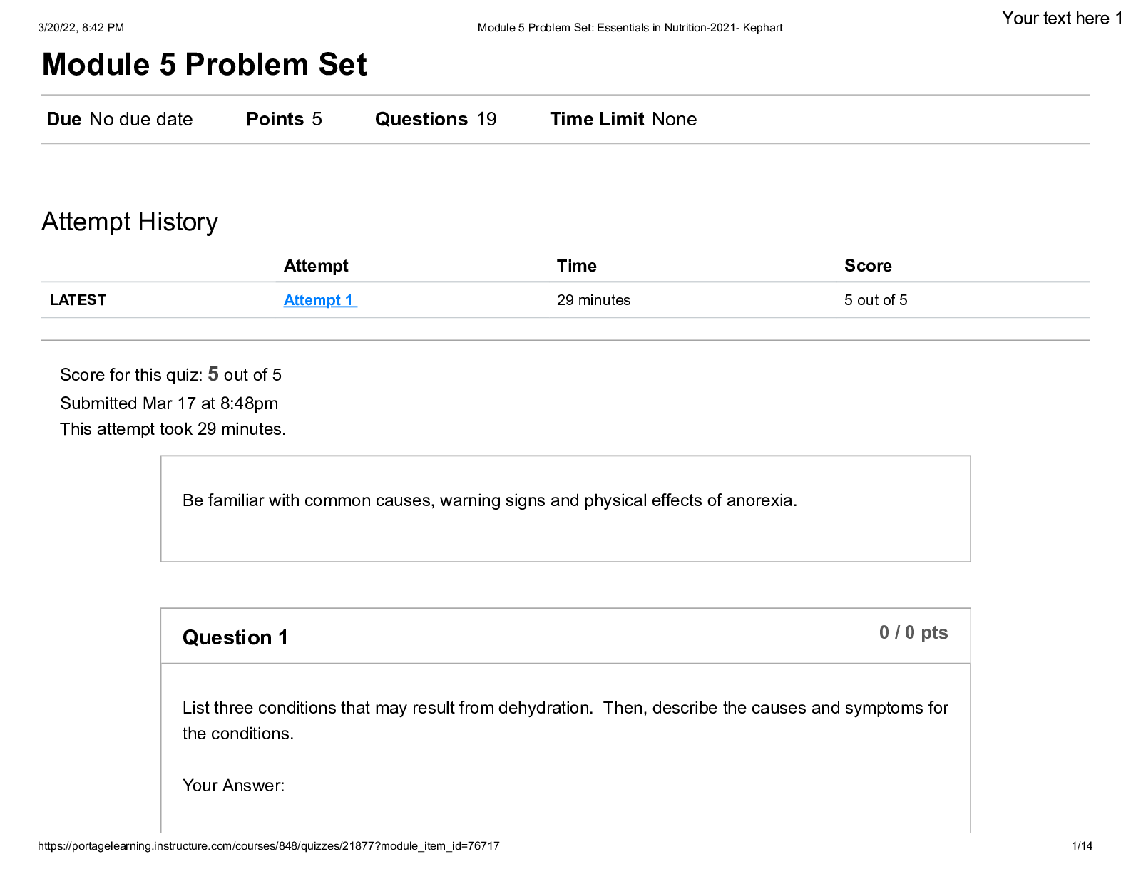 Preview of Portage Learning BIO 121 Module 5 Problem Set_ Essentials in Nutrition-2021