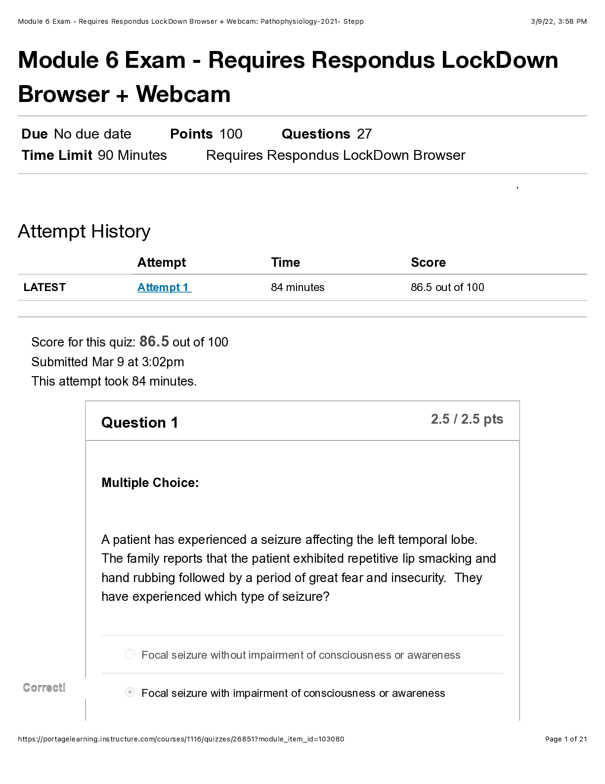 Preview of Module 6 Exam - Requires Respondus LockDown Browser + Webcam: Pathophysiology-2021