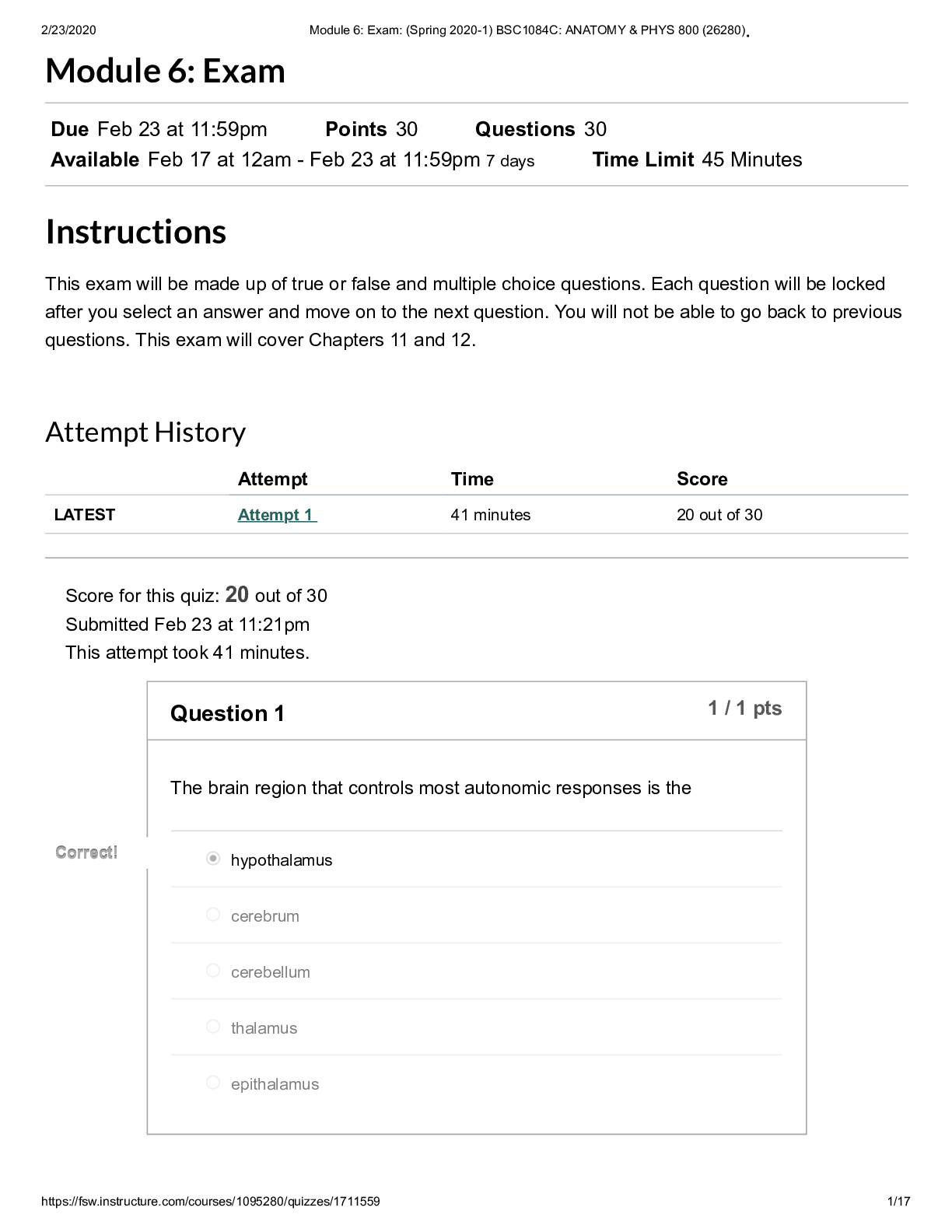 Preview of Module 6_ Exam_ (Spring 2020-1) BSC1084C_ ANATOMY & PHYS 800 (26280)