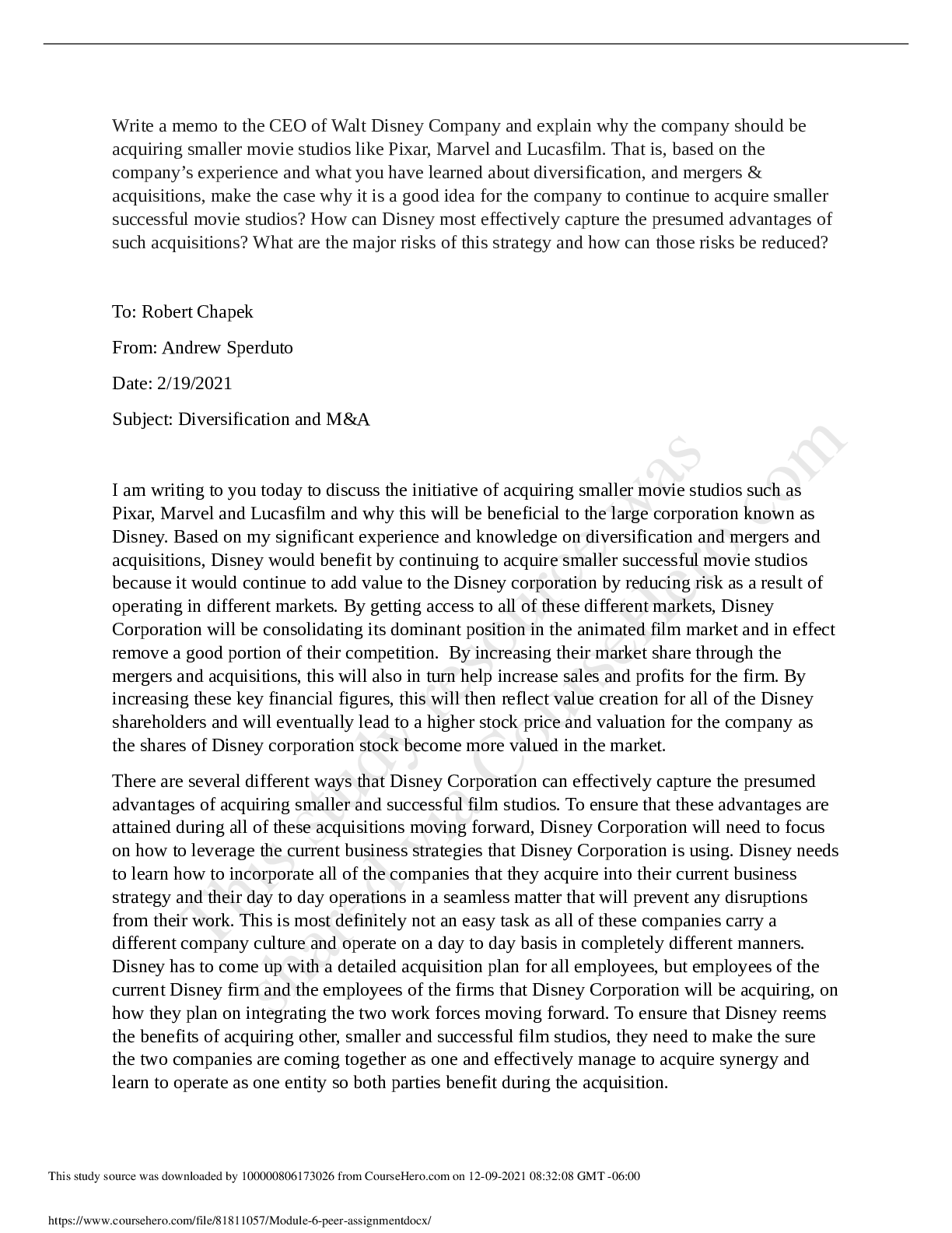 Preview image for BADM 509 Module 6 Peer Assignment | Write a memo to the CEO of Walt Disney Company and explain why the company should be acquiring smaller movie studios like Pixar, Marvel and Lucasfilm