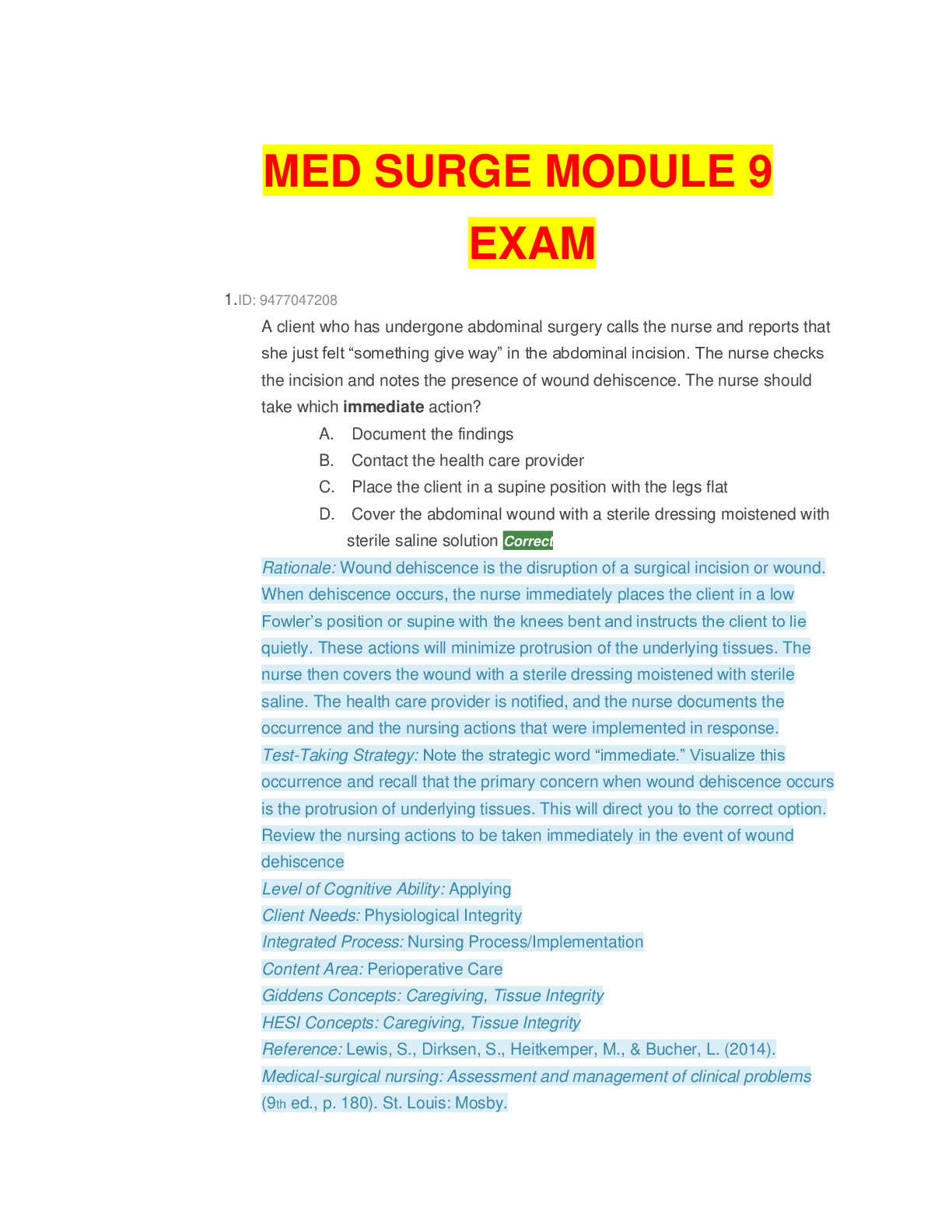 Preview image for MED SURGE MODULE 9 EXAM GRADED A