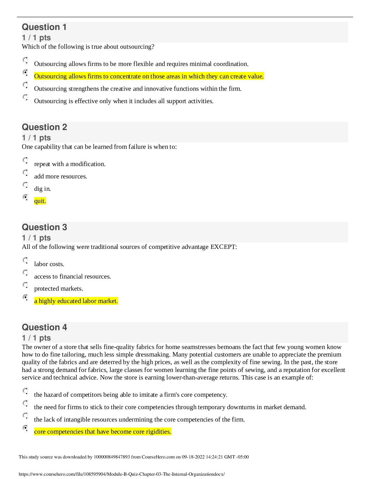 Preview image for University of Wisconsin, Whitewater  MANGEMNT MISC  Module B - Quiz Chapter 03 - The Internal Organization