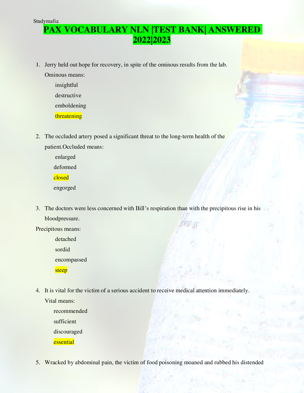 Preview image for PAX VOCABULARY NLN |TEST BANK| ANSWERED 2022|2023