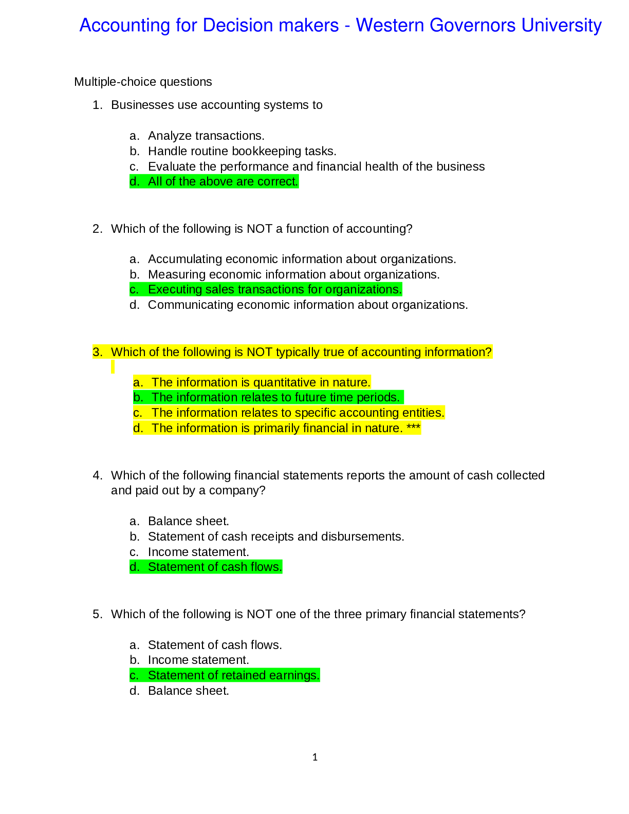 Preview image for Accounting for Decision Makers for MBA WGU- Western Governors University. 60 MCQ with Answers Score 100%