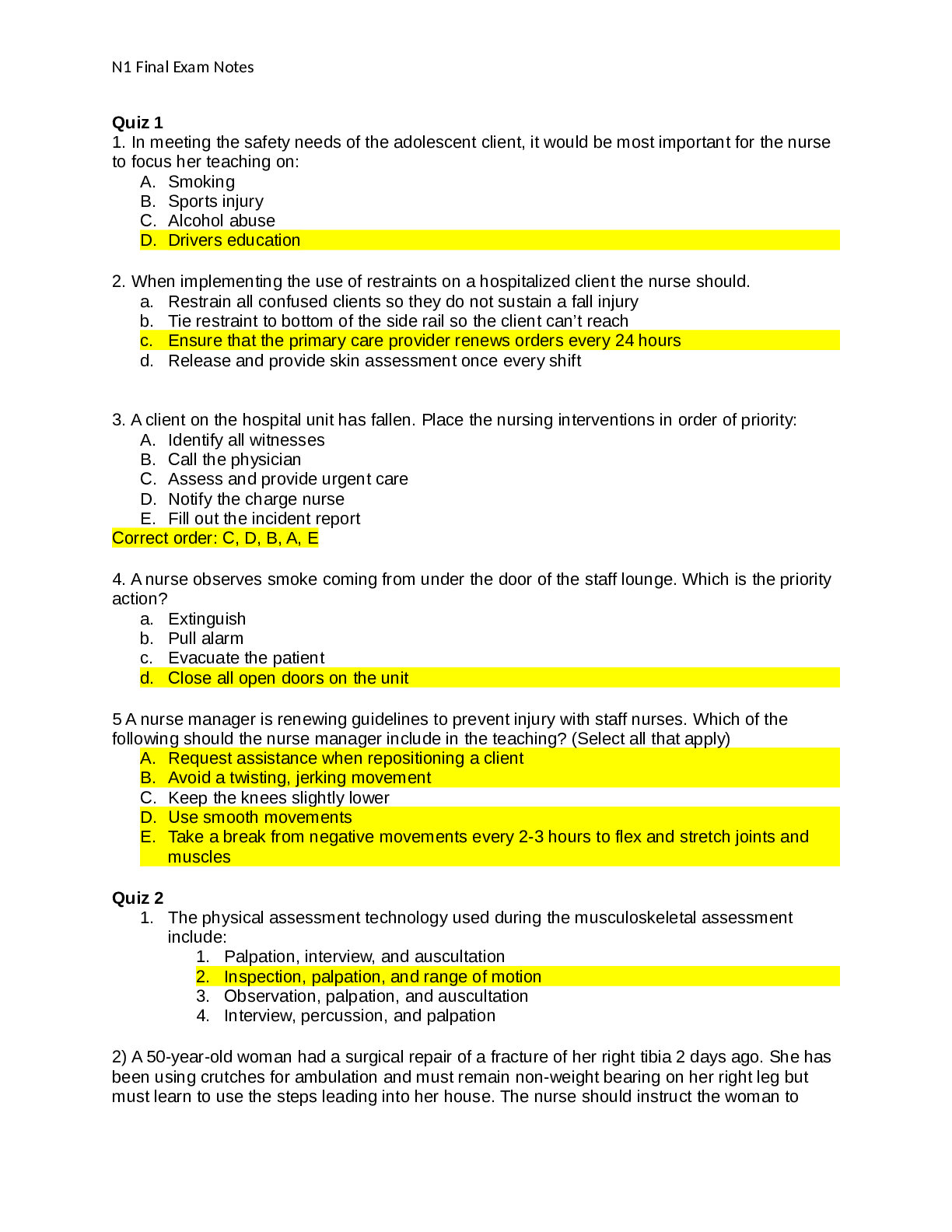 Preview of NURSING NU231/NUR2 N1 Final Exam Study Guide| NURSING NU231/NUR2; N1 Final Exam, Quizzes &