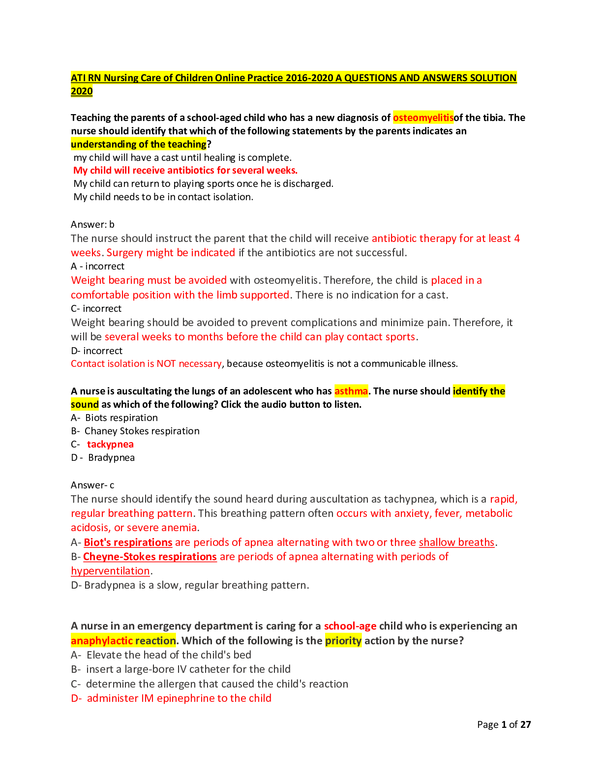 ATI RN Nursing Care of Children Online Practice 2016-2020 A QUESTIONS AND ANSWERS SOLUTION 2020