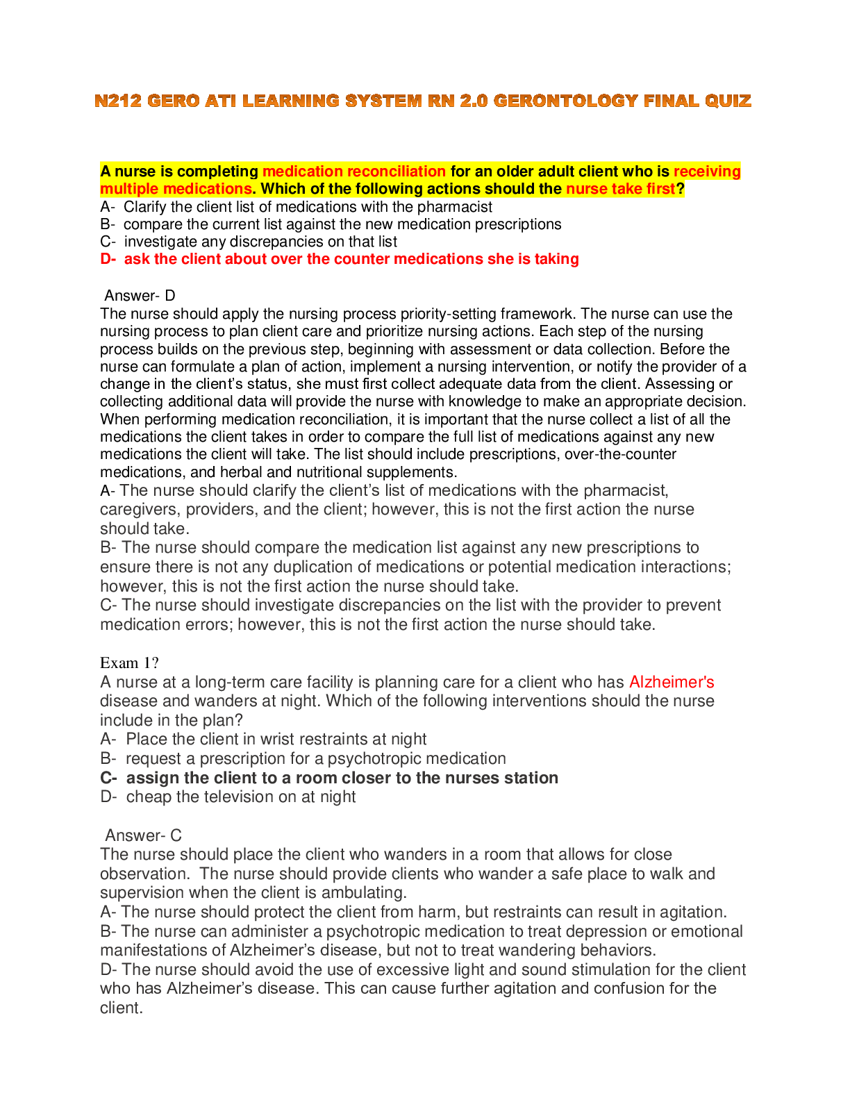 Preview image for N212 GERO ATI LEARNING SYSTEM RN 2.0 GERONTOLOGY FINAL QUIZ
