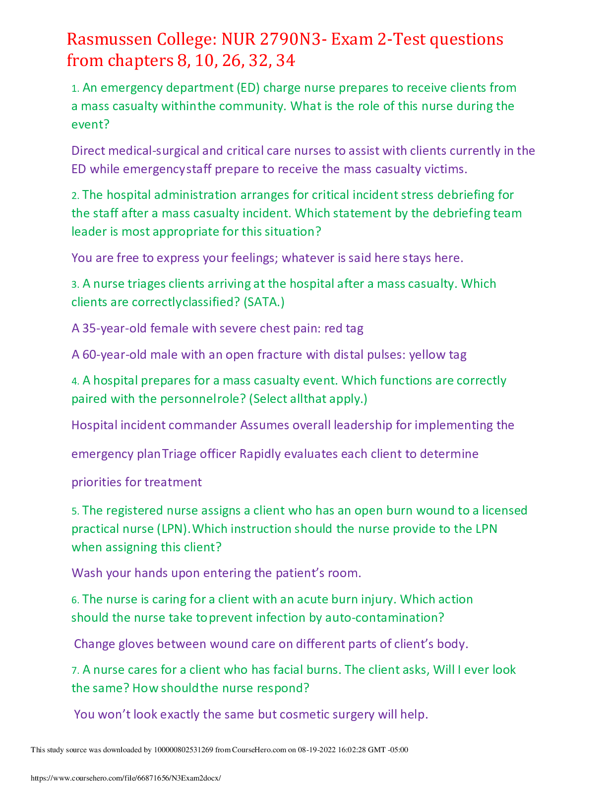 Preview image for N3- Exam 2-Test questions from chapters 8, 10, 26, 32, 34