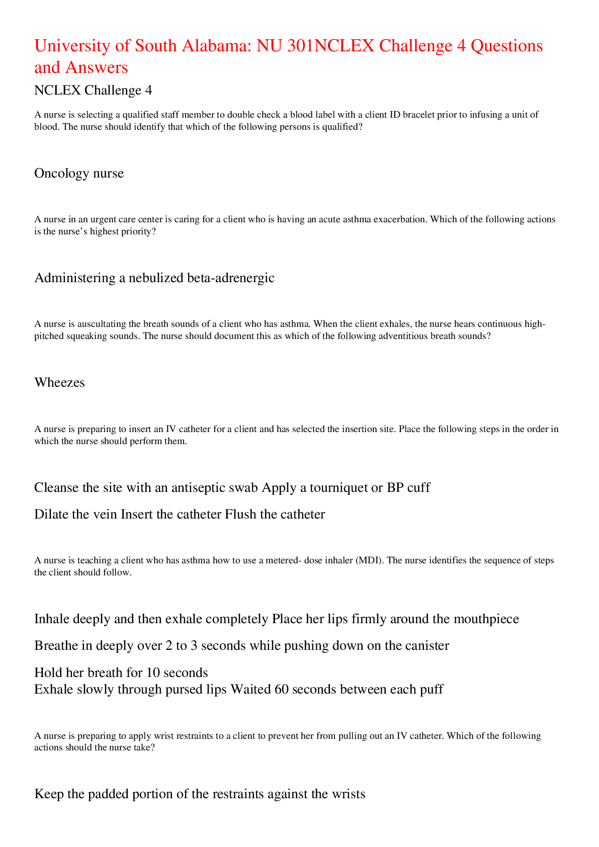 Preview image for University of South Alabama: NU 301 NCLEX Challenge 4 Questions and Answers,100% CORRECT