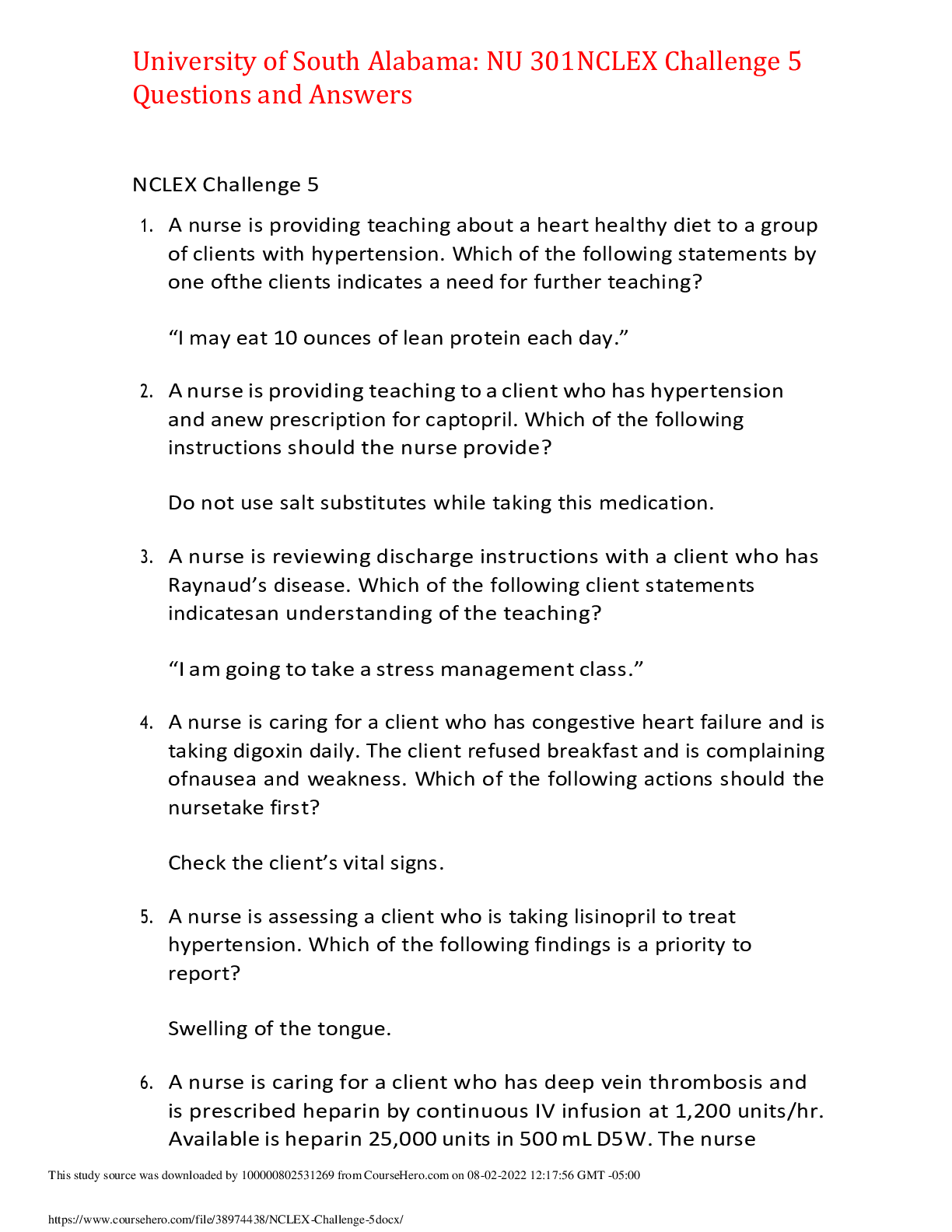Preview image for University of South Alabama: NU 301 NCLEX Challenge 5 Questions and Answers,100% CORRECT