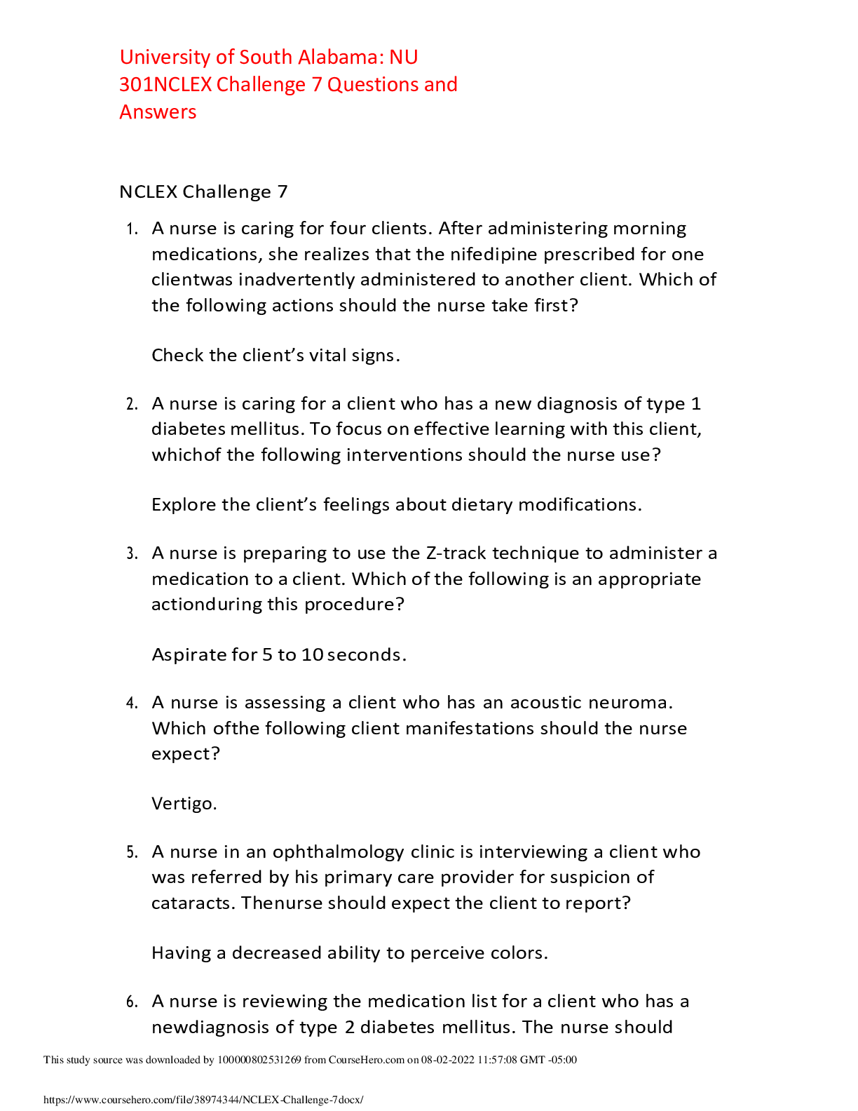 Preview image for University of South Alabama: NU 301 NCLEX Challenge 7 Questions and Answers,100% CORRECT