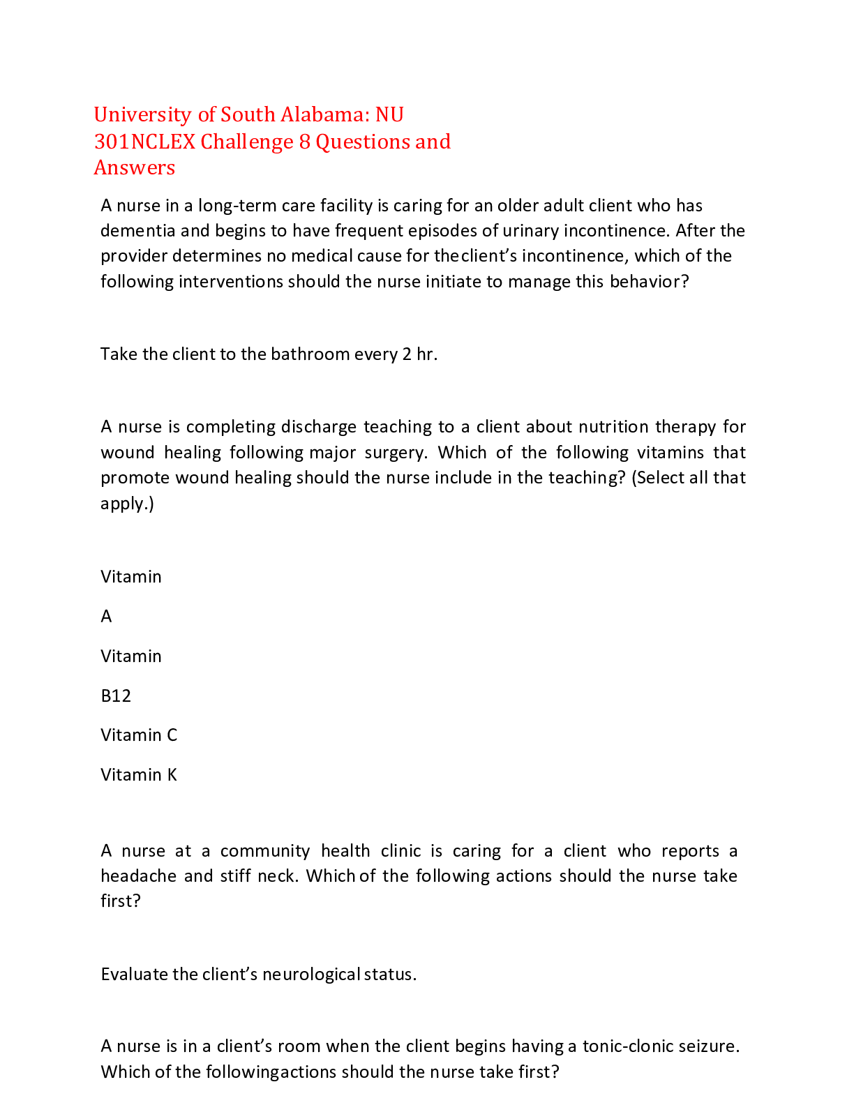 Preview image for University of South Alabama: NU 301 NCLEX Challenge 8 Questions and Answers,100% CORRECT