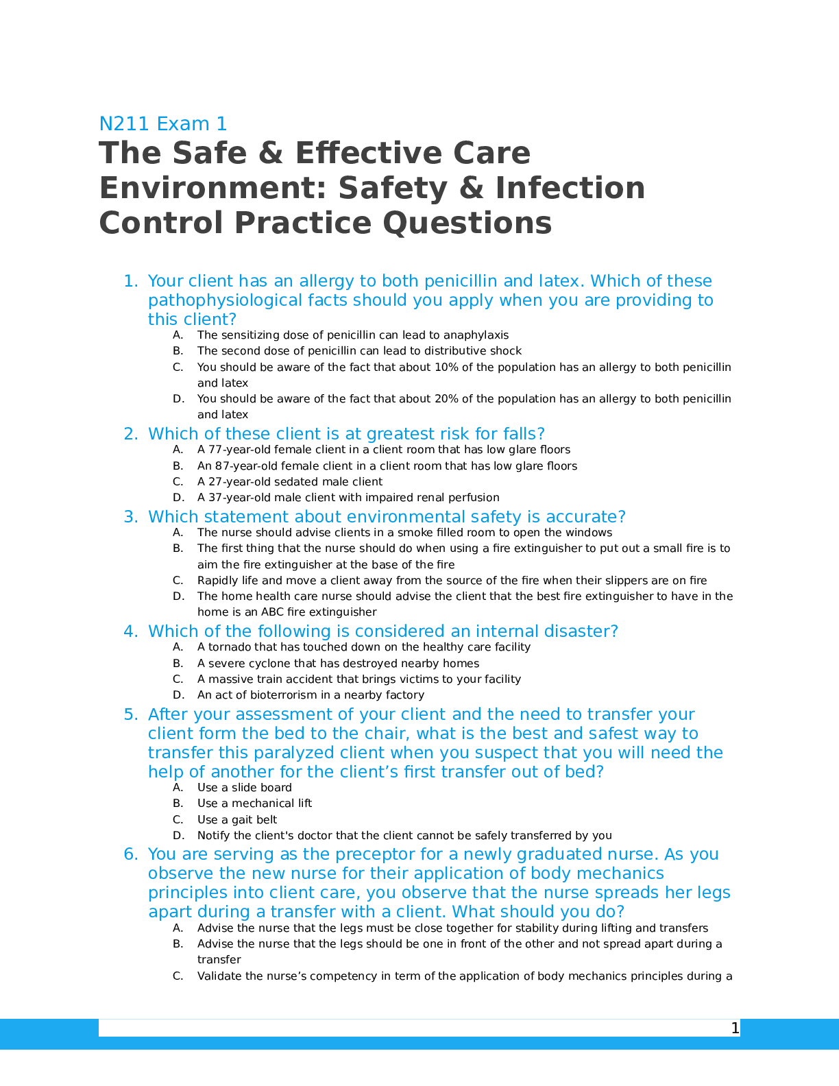 Preview image for N211 Exam 1 The Safe & Effective Care Environment: Safety & Infection Control Practice Questions and answers, Graded A+