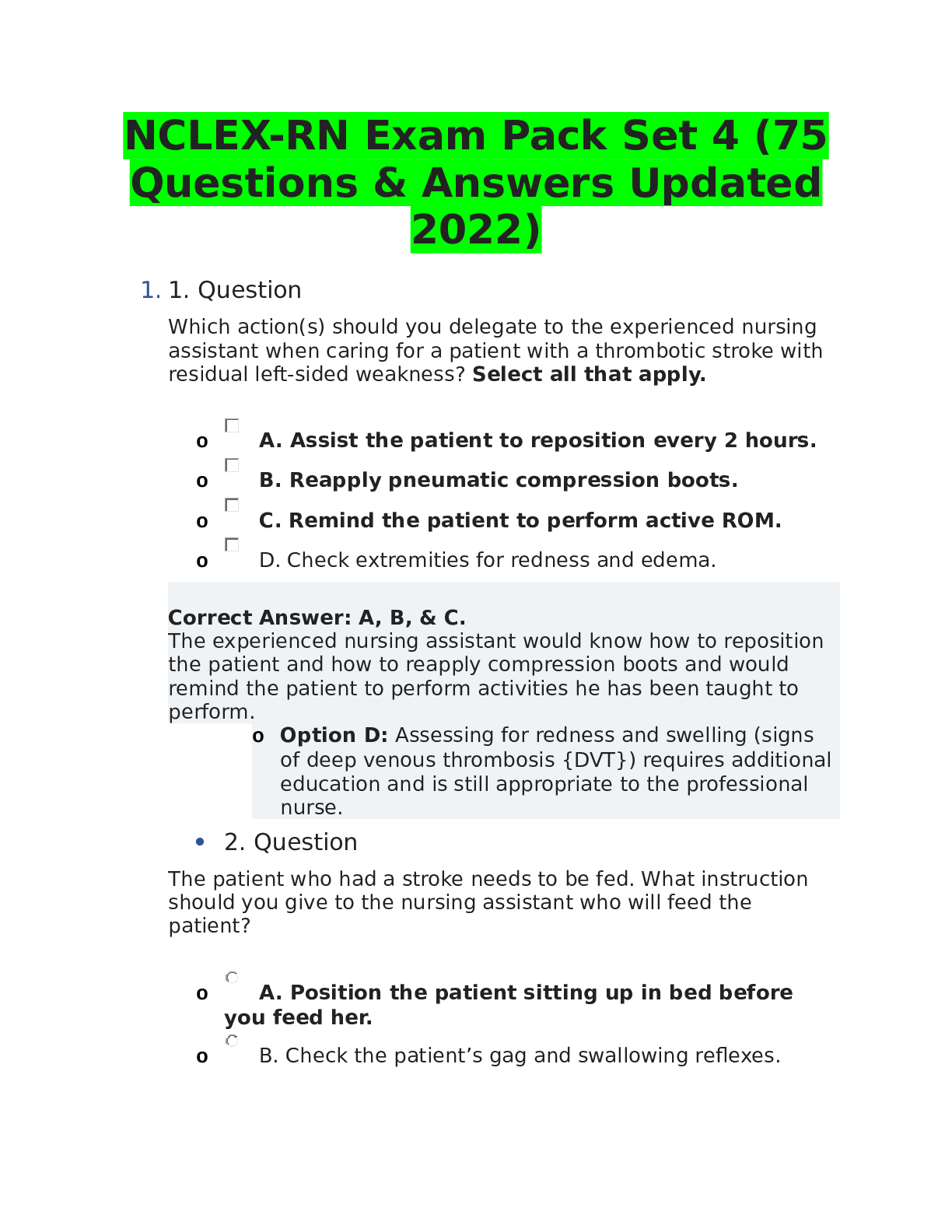 Preview image for NCLEX-RN Exam Pack Set 4 (75 Questions & Answers Updated 2022)