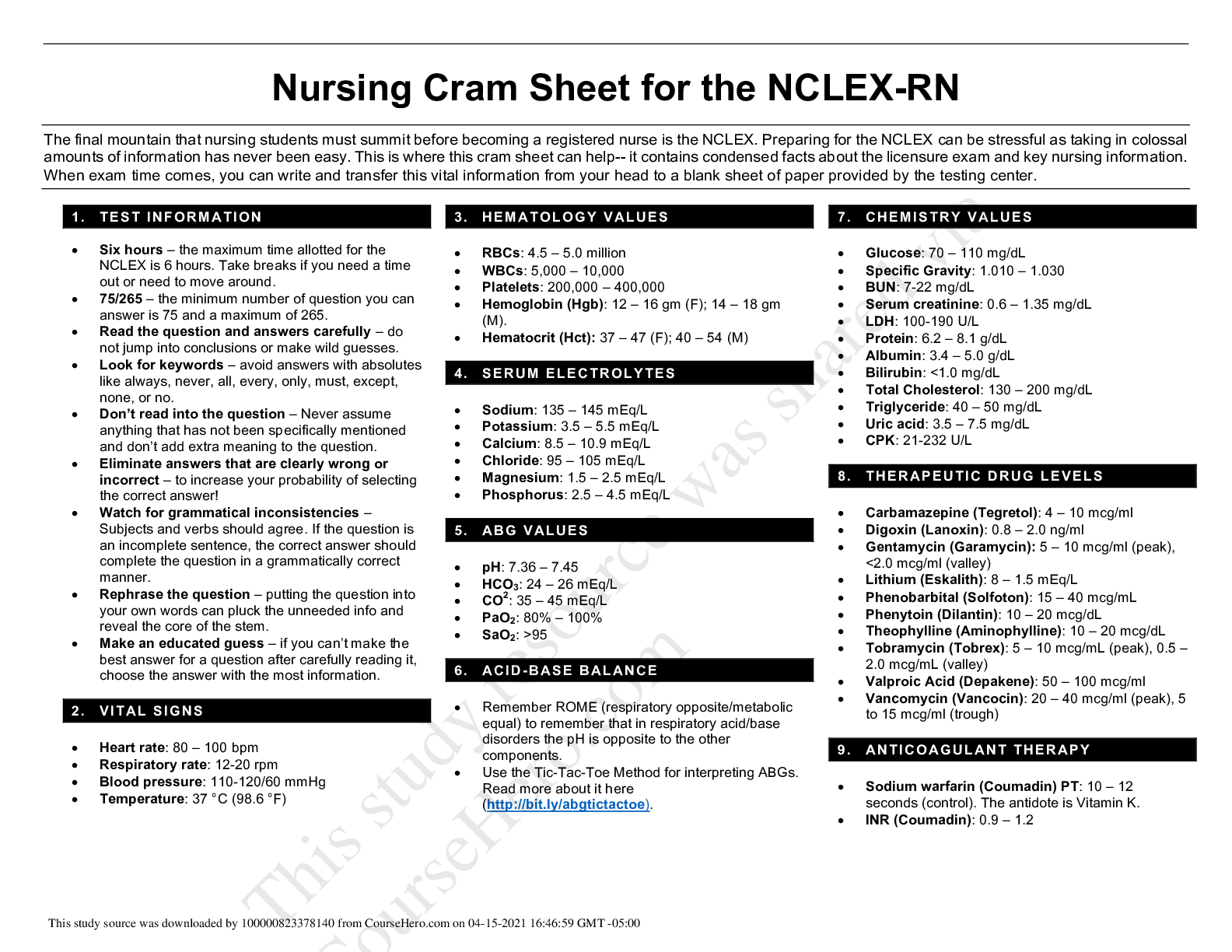 Preview image for NCLEX RN cram sheet