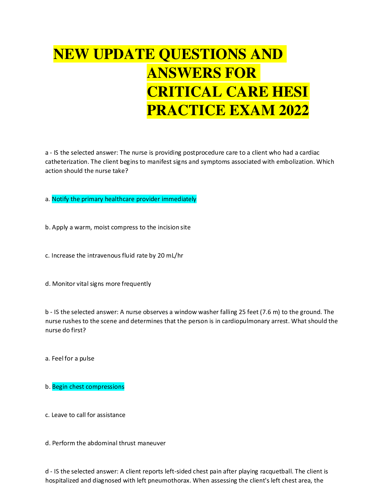 Preview image for NEW UPDATE QUESTIONS AND SOME ANSWERS FOR CRITICAL CARE HESI  PRACTICE EXAM 2022