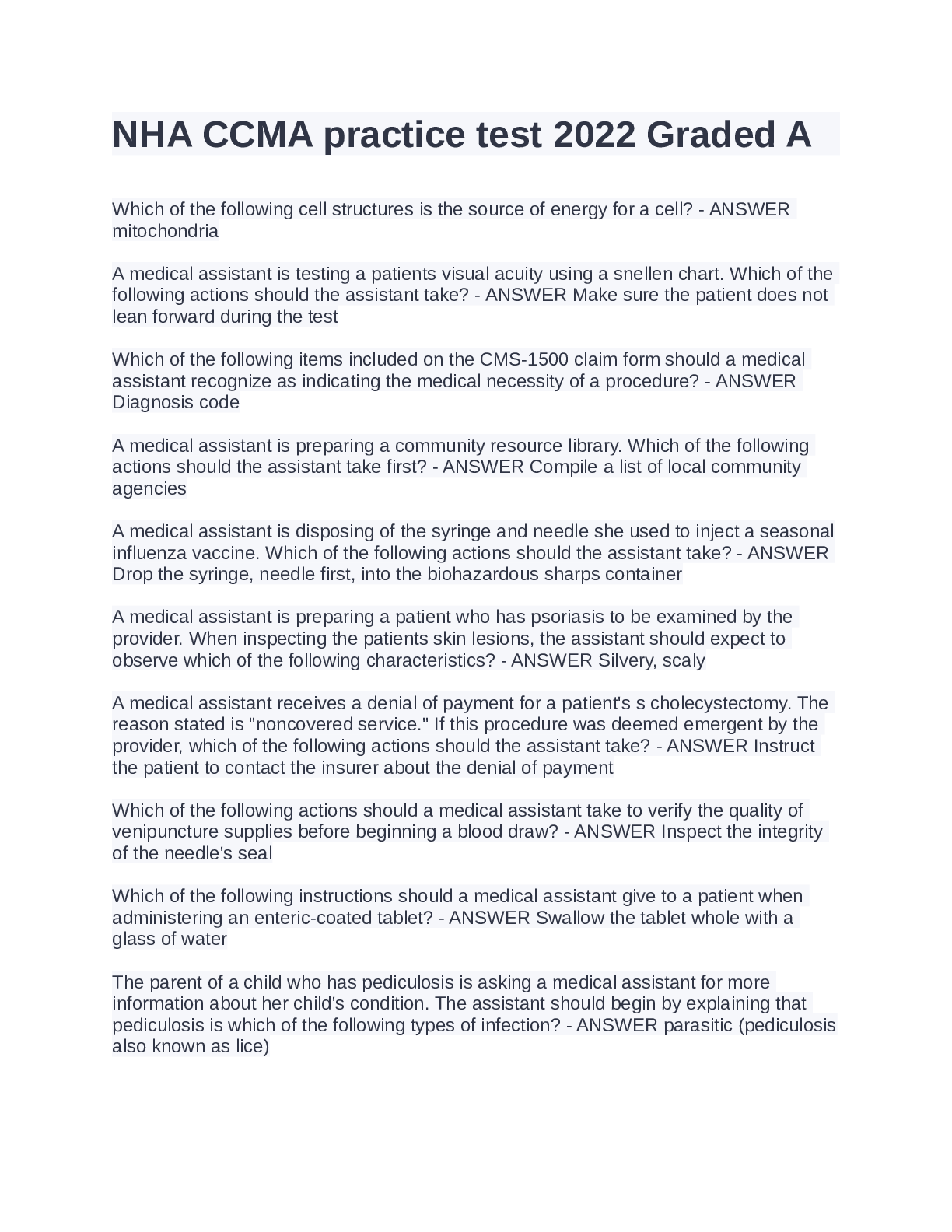 Preview image for NHA CCMA practice test 2022 Graded A