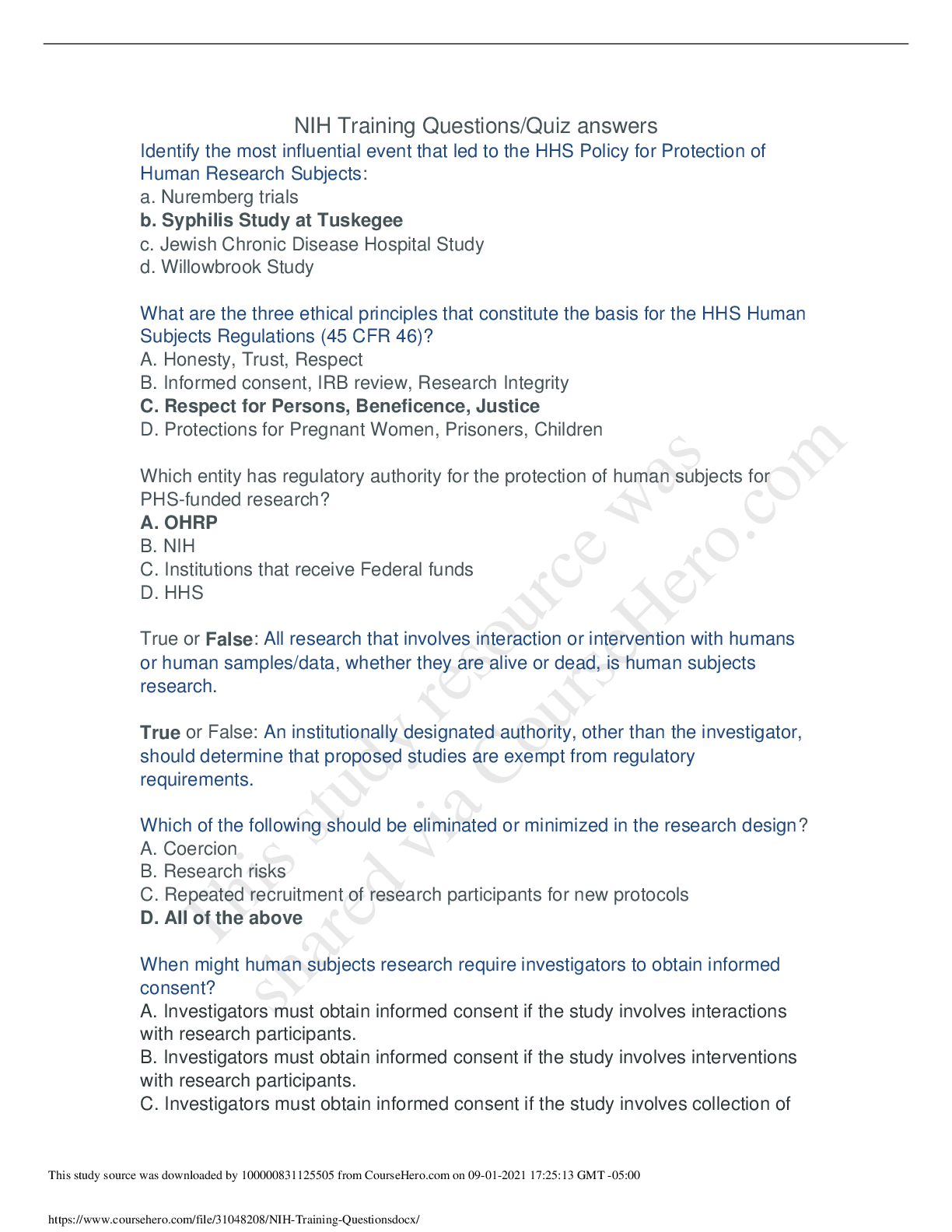 Preview of NR 505OCR NIH Training Questions.and answers 100% verified download to score an A