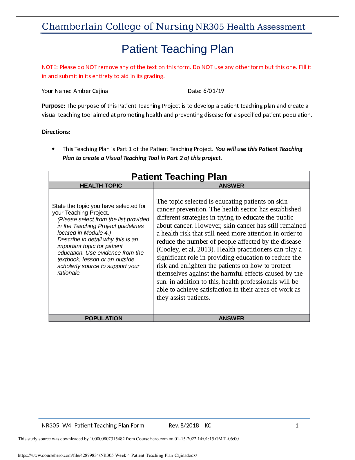Preview of NR 305 Week 4 Patient Teaching Plan 2