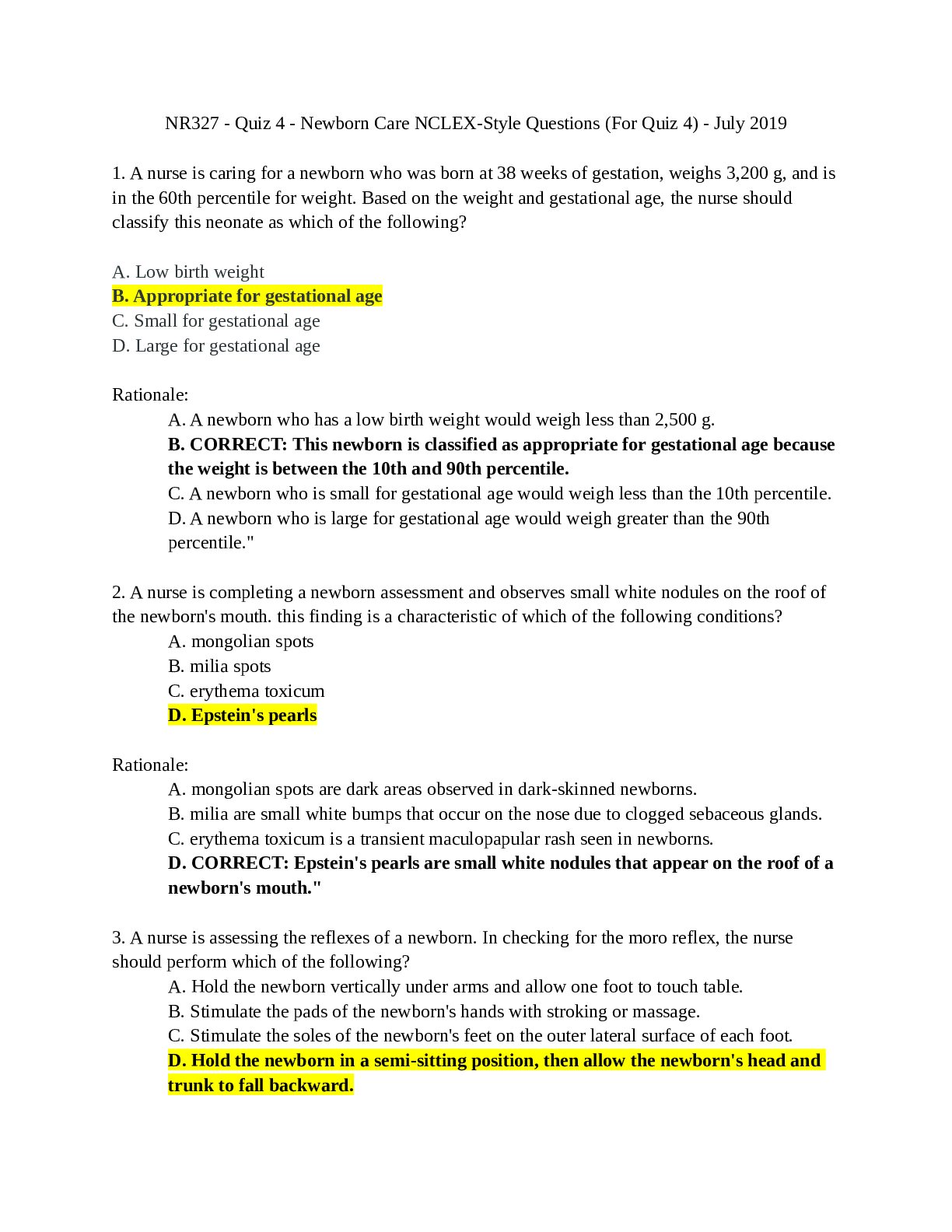 Preview image for NR327 - Quiz 4 - Newborn Care NCLEX-Style Questions (For Quiz 4)