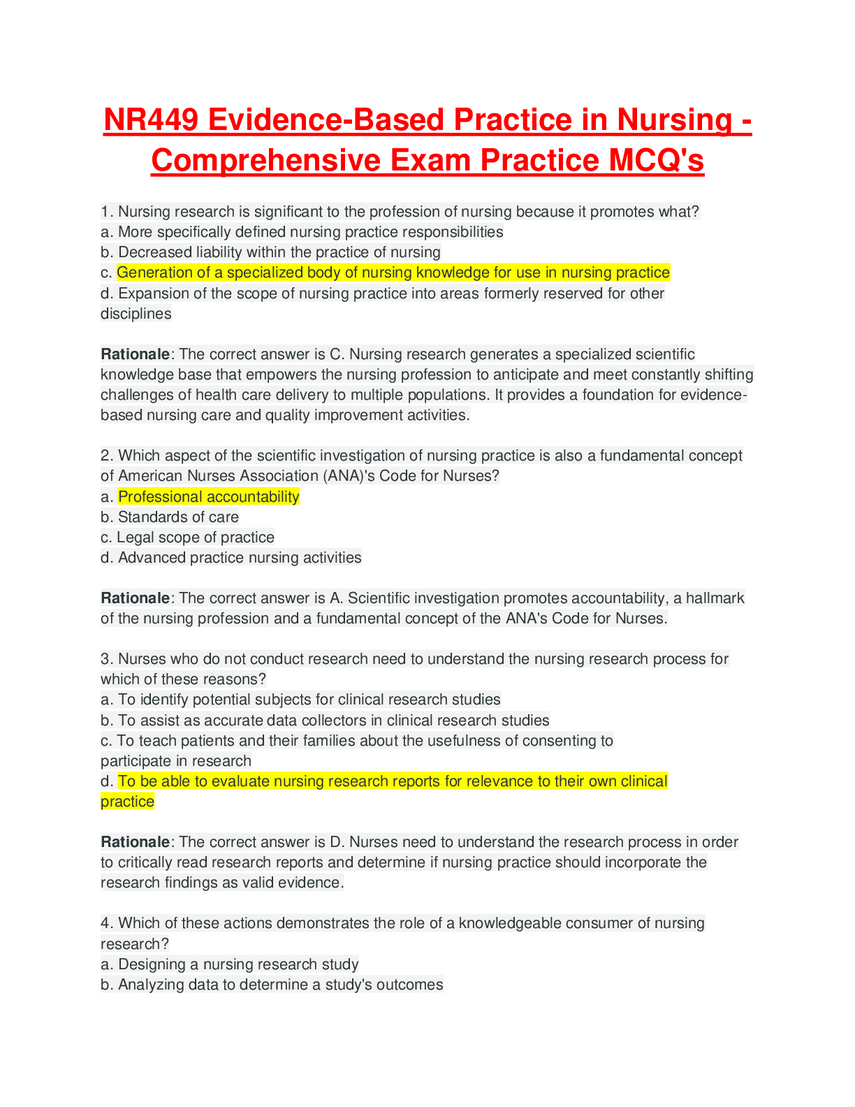 NR449 Evidence-Based Practice in Nursing – pn Comprehensive Exam Practice MCQ's thoroughly revised with 100% correct answers