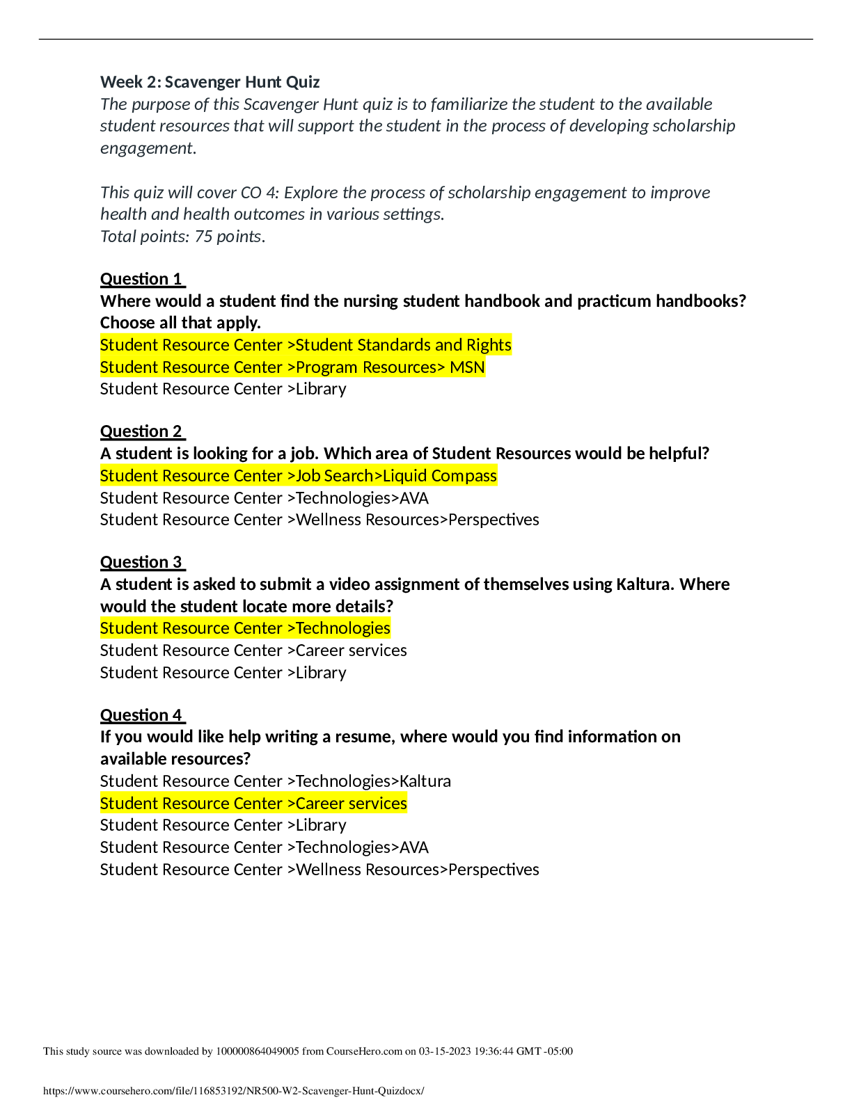 Preview of NR 500 NURSING LEASERSHIP - Week 2 Scavenger Hunt Quiz With Answers (100% Correct) A+ Guid